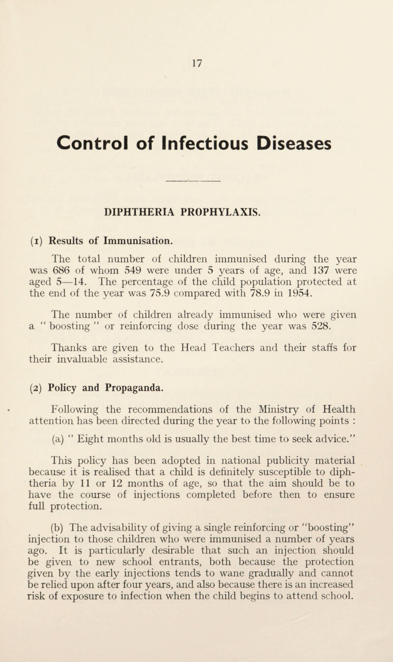 Control of Infectious Diseases DIPHTHERIA PROPHYLAXIS. (1) Results of Immunisation. The total number of children immunised during the year was 686 of whom 549 were under 5 years of age, and 137 were aged 5—14. The percentage of the child population protected at the end of the year was 75.9 compared with 78.9 in 1954. The number of children already immunised who were given a “ boosting ” or reinforcing dose during the year was 528. Thanks are given to the Head Teachers and their staffs for their invaluable assistance. (2) Policy and Propaganda. Following the recommendations of the Ministry of Health attention has been directed during the year to the following points : (a) “ Eight months old is usually the best time to seek advice.” This policy has been adopted in national publicity material because it is realised that a child is definitely susceptible to diph¬ theria by 11 or 12 months of age, so that the aim should be to have the course of injections completed before then to ensure full protection. (b) The advisability of giving a single reinforcing or ‘‘boosting” injection to those children who were immunised a number of years ago. It is particularly desirable that such an injection should be given to new school entrants, both because the protection given by the early injections tends to wane gradually and cannot be relied upon after four years, and also because there is an increased risk of exposure to infection when the child begins to attend school.