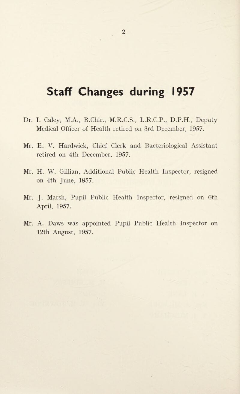 Staff Changes during 1957 Dr. I. Caley, M.A., B.Chir., M.R.C.S., L.R.C.P., D.P.H., Deputy Medical Officer of Health retired on 3rd December, 1957. Mr. E. V. Hardwick, Chief Clerk and Bacteriological Assistant retired on 4th December, 1957. Mr. H. W. Gillian, Additional Public Health Inspector, resigned on 4th June, 1957. Mr. J. Marsh, Pupil Public Health Inspector, resigned on 6th April, 1957. Mr. A. Daws was appointed Pupil Public Health Inspector on 12th August, 1957.