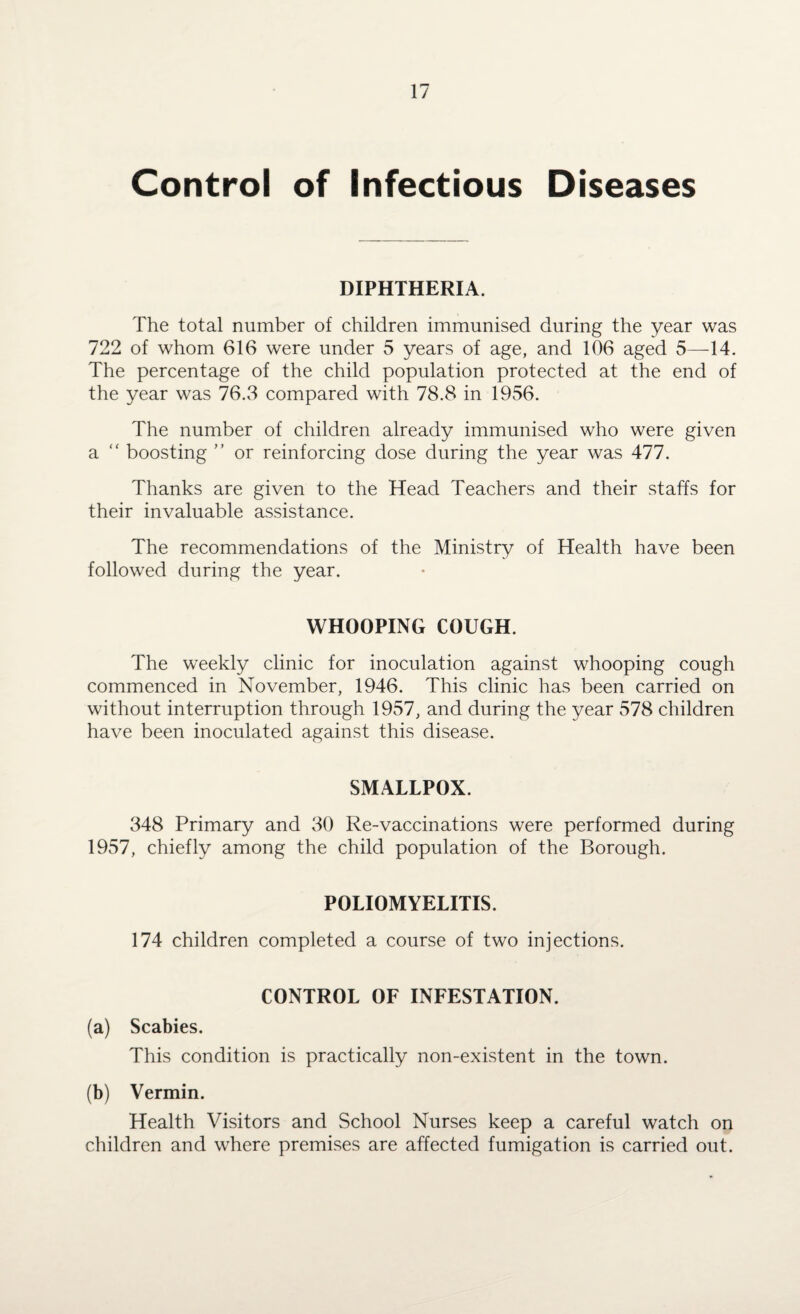 Control of Infectious Diseases DIPHTHERIA. The total number of children immunised during the year was 722 of whom 616 were under 5 years of age, and 106 aged 5—14. The percentage of the child population protected at the end of the year was 76.3 compared with 78.8 in 1956. The number of children already immunised who were given a “ boosting ” or reinforcing dose during the year was 477. Thanks are given to the Head Teachers and their staffs for their invaluable assistance. The recommendations of the Ministry of Health have been followed during the year. WHOOPING COUGH. The weekly clinic for inoculation against whooping cough commenced in November, 1946. This clinic has been carried on without interruption through 1957, and during the year 578 children have been inoculated against this disease. SMALLPOX. 348 Primary and 30 Re-vaccinations were performed during 1957, chiefly among the child population of the Borough. POLIOMYELITIS. 174 children completed a course of two injections. CONTROL OF INFESTATION. (a) Scabies. This condition is practically non-existent in the town. (b) Vermin. Health Visitors and School Nurses keep a careful watch on children and where premises are affected fumigation is carried out.