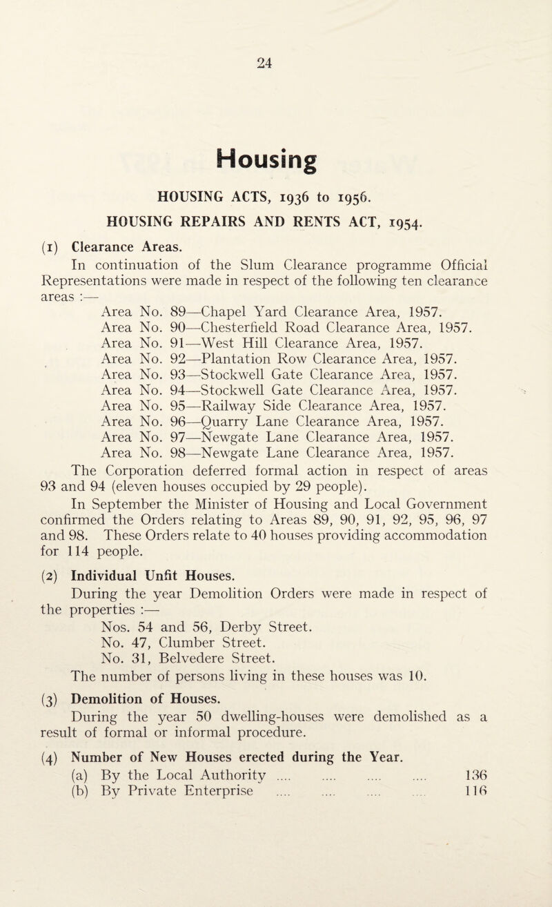 Housing HOUSING ACTS, 1936 to 1956. HOUSING REPAIRS AND RENTS ACT, 1954. (1) Clearance Areas. In continuation of the Slum Clearance programme Official Representations were made in respect of the following ten clearance areas :— Area No. 89—Chapel Yard Clearance Area, 1957. Area No. 90—Chesterfield Road Clearance Area, 1957. Area No. 91—West Hill Clearance Area, 1957. Area No. 92—Plantation Row Clearance Area, 1957. Area No. 93—Stockwell Gate Clearance Area, 1957. Area No. 94—-Stockwell Gate Clearance Area, 1957. Area No. 95—Railway Side Clearance Area, 1957. Area No. 96—Quarry Lane Clearance Area, 1957. Area No. 97—Newgate Lane Clearance Area, 1957. Area No. 98—Newgate Lane Clearance Area, 1957. The Corporation deferred formal action in respect of areas 93 and 94 (eleven houses occupied by 29 people). In September the Minister of Housing and Local Government confirmed the Orders relating to Areas 89, 90, 91, 92, 95, 96, 97 and 98. These Orders relate to 40 houses providing accommodation for 114 people. (2) Individual Unfit Houses. During the year Demolition Orders were made in respect of the properties :— Nos. 54 and 56, Derby Street. No. 47, Clumber Street. No. 31, Belvedere Street. The number of persons living in these houses was 10. (3) Demolition of Houses. During the year 50 dwelling-houses were demolished as a result of formal or informal procedure. (4) Number of New Houses erected during the Year. (a) By the Local Authority .... .... .... .... 136 (b) By Private Enterprise .... .... ... 116