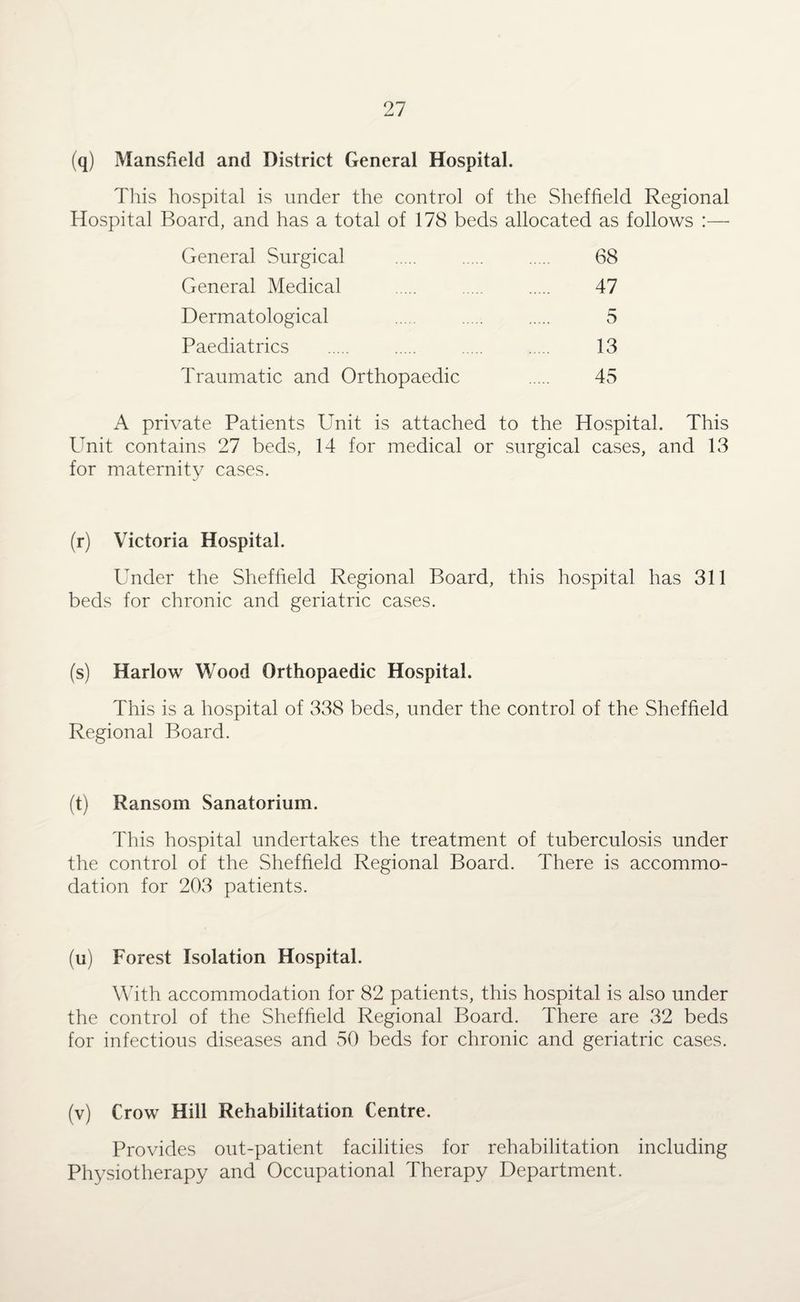 (q) Mansfield and District General Hospital. This hospital is under the control of the Sheffield Regional Hospital Board, and has a total of 178 beds allocated as follows General Surgical . . . 68 General Medical . 47 Dermatological 5 Paediatrics . 13 Traumatic and Orthopaedic 45 A private Patients Unit is attached to the Hospital. This Unit contains 27 beds, 14 for medical or surgical cases, and 13 for maternity cases. •j (r) Victoria Hospital. Under the Sheffield Regional Board, this hospital has 311 beds for chronic and geriatric cases. (s) Harlow Wood Orthopaedic Hospital. This is a hospital of 338 beds, under the control of the Sheffield Regional Board. (t) Ransom Sanatorium. This hospital undertakes the treatment of tuberculosis under the control of the Sheffield Regional Board. There is accommo¬ dation for 203 patients. (u) Forest Isolation Hospital. With accommodation for 82 patients, this hospital is also under the control of the Sheffield Regional Board. There are 32 beds for infectious diseases and 50 beds for chronic and geriatric cases. (v) Crow Hill Rehabilitation Centre. Provides out-patient facilities for rehabilitation including Physiotherapy and Occupational Therapy Department.
