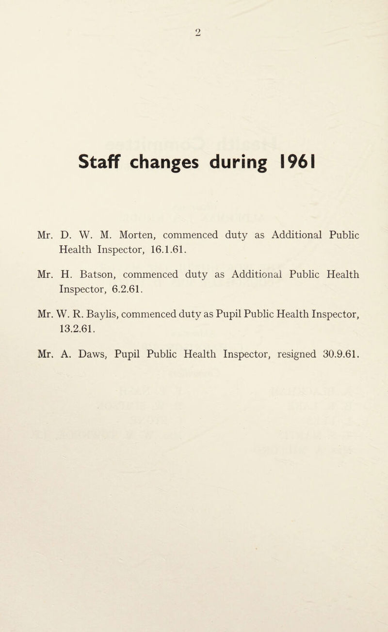 Staff changes during 1961 Mr. D. W. M. Morten, commenced duty as Additional Public Health Inspector, 16.1.61. Mr. H. Batson, commenced duty as Additional Public Health Inspector, 6.2.61. Mr. W. R. Baylis, commenced duty as Pupil Public Health Inspector, 13.2.61. Mr. A. Daws. Pupil Public Health Inspector, resigned 30.9.61.