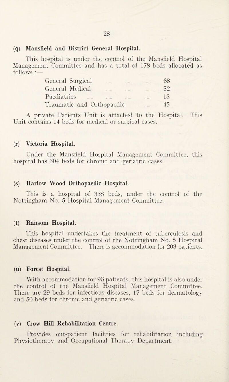 (q) Mansfield and District General Hospital. This hospital is under the control of the Mansfield Hospital Management Committee and has a total of 178 beds allocated as follows :— General Surgical General Medical Paediatrics Traumatic and Orthopaedic 68 52 13 45 A private Patients Unit is attached to the Hospital. This Unit contains 14 beds for medical or surgical cases. (r) Victoria Hospital. Under the Mansfield Hospital Management Committee, this hospital has 304 beds for chronic and geriatric cases (s) Harlow Wood Orthopaedic Hospital. This is a hospital of 338 beds, under the control of the Nottingham No. 5 Hospital Management Committee. (t) Ransom Hospital. This hospital undertakes the treatment of tuberculosis and chest diseases under the control of the Nottingham No. 5 Hospital Management Committee. There is accommodation for 203 patients. (u) Forest Hospital. With accommodation for 96 patients, this hospital is also under the control of the Mansfield Hospital Management Committee. There are 29 beds for infectious diseases, 17 beds for dermatology and 50 beds for chronic and geriatric cases. (v) Crow Hill Rehabilitation Centre. Provides out-patient facilities for rehabilitation including Physiotherapy and Occupational Therapy Department.