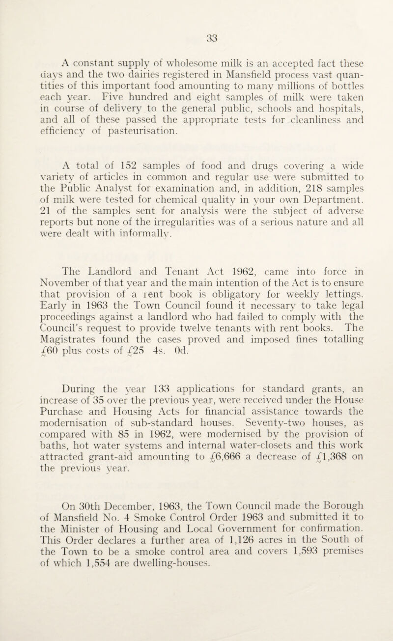 A constant supply of wholesome milk is an accepted fact these days and the two dairies registered in Mansfield process vast quan¬ tities of this important food amounting to many millions of bottles each year. Five hundred and eight samples of milk were taken in course of delivery to the general public, schools and hospitals, and all of these passed the appropriate tests for cleanliness and efficiency of pasteurisation. A total of 152 samples of food and drugs covering a wide variety of articles in common and regular use were submitted to the Public Analyst for examination and, in addition, 218 samples of milk were tested for chemical quality in your own Department. 21 of the samples sent for analysis were the subject of adverse reports but none of the irregularities was of a serious nature and all were dealt with informallv. The Landlord and Tenant Act 1962, came into force in November of that year and the main intention of the Act is to ensure that provision of a rent book is obligatory for weekly lettings. Early in 1963 the Town Council found it necessary to take legal proceedings against a landlord who had failed to comply with the Council's request to provide twelve tenants with rent books. The Magistrates found the cases proved and imposed fines totalling £60 plus costs of £25 4s. Od. During the year 133 applications for standard grants, an increase of 35 over the previous year, were received under the House Purchase and Housing Acts for financial assistance towards the modernisation of sub-standard houses. Seventy-two houses, as compared with 85 in 1962, were modernised by the provision of baths, hot water systems and internal water-closets and this work attracted grant-aid amounting to £6,666 a decrease of £1,368 on the previous year. On 30th December, 1963, the Town Council made the Borough of Mansfield No. 4 Smoke Control Order 1963 and submitted it to the Minister of Housing and Local Government for confirmation. This Order declares a further area of 1,126 acres in the South of the Town to be a smoke control area and covers 1,593 premises of which 1,554 are dwelling-houses.
