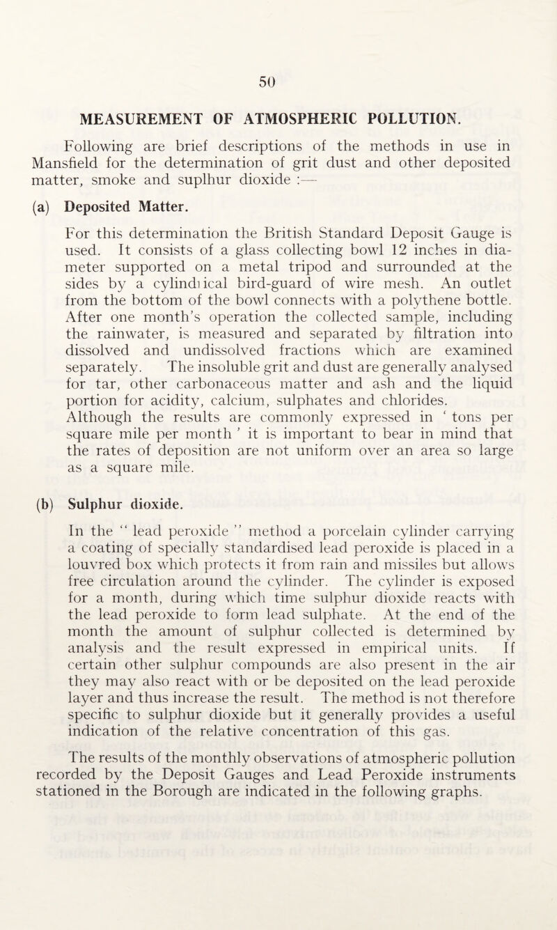 MEASUREMENT OF ATMOSPHERIC POLLUTION. Following are brief descriptions of the methods in use in Mansfield for the determination of grit dust and other deposited matter, smoke and suplhur dioxide :— (a) Deposited Matter. For this determination the British Standard Deposit Gauge is used. It consists of a glass collecting bowl 12 inches in dia¬ meter supported on a metal tripod and surrounded at the sides by a cylindiical bird-guard of wire mesh. An outlet from the bottom of the bowl connects with a polythene bottle. After one month's operation the collected sample, including the rainwater, is measured and separated by filtration into dissolved and undissolved fractions which are examined separately. The insoluble grit and dust are generally analysed for tar, other carbonaceous matter and ash and the liquid portion for acidity, calcium, sulphates and chlorides. Although the results are commonly expressed in ‘ tons per square mile per month ’ it is important to bear in mind that the rates of deposition are not uniform over an area so large as a square mile. (b) Sulphur dioxide. In the “ lead peroxide ” method a porcelain cylinder carrying a coating of specially standardised lead peroxide is placed in a louvred box which protects it from rain and missiles but allows free circulation around the cylinder. The cylinder is exposed for a month, during which time sulphur dioxide reacts with the lead peroxide to form lead sulphate. At the end of the month the amount of sulphur collected is determined by analysis and the result expressed in empirical units. If certain other sulphur compounds are also present in the air they may also react with or be deposited on the lead peroxide layer and thus increase the result. The method is not therefore specific to sulphur dioxide but it generally provides a useful indication of the relative concentration of this gas. The results of the monthly observations of atmospheric pollution recorded by the Deposit Gauges and Lead Peroxide instruments stationed in the Borough are indicated in the following graphs.