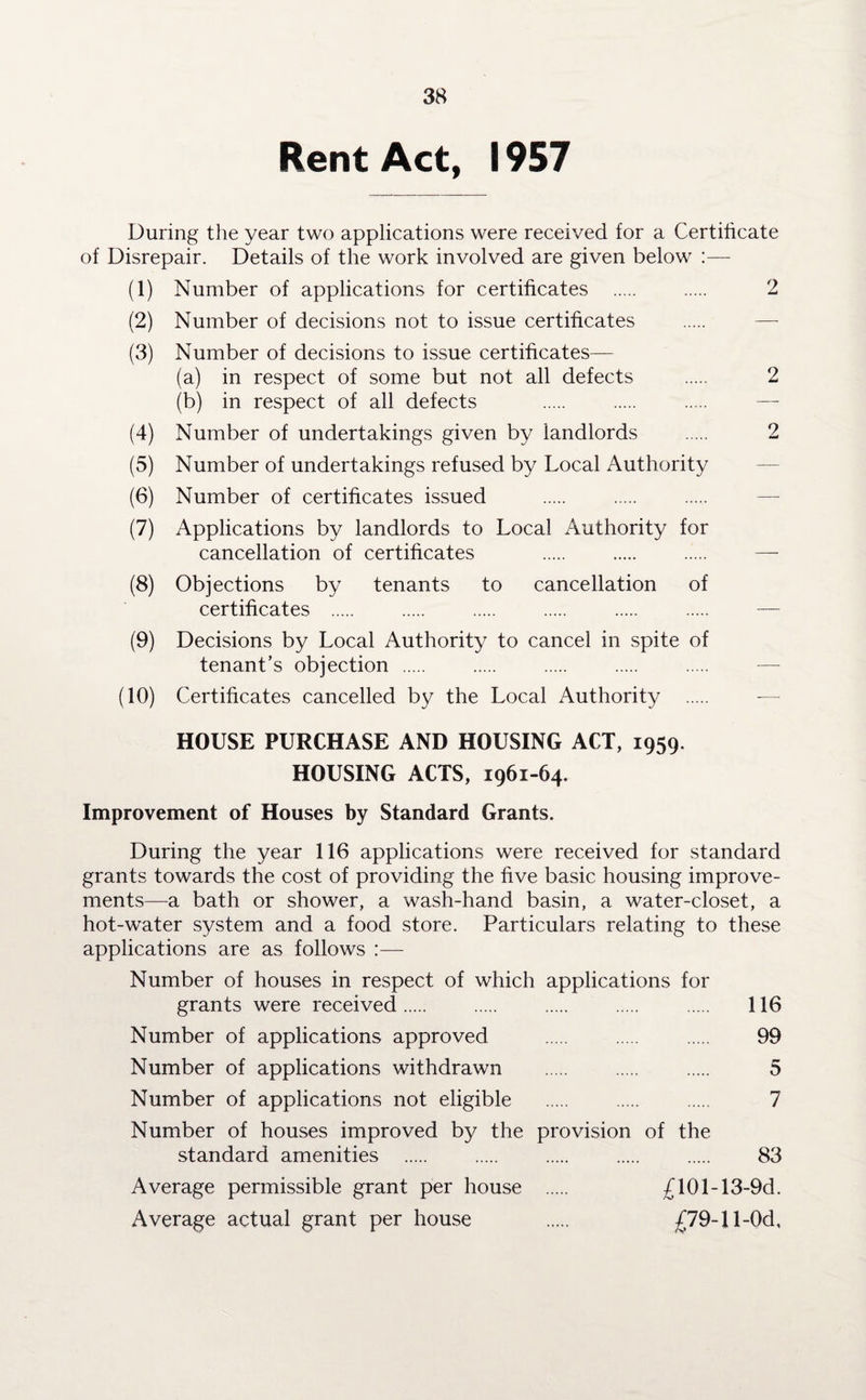 Rent Act, 1957 During the year two applications were received for a Certificate of Disrepair. Details of the work involved are given below :— (1) Number of applications for certificates . . 2 (2) Number of decisions not to issue certificates (3) Number of decisions to issue certificates— (a) in respect of some but not all defects . 2 (b) in respect of all defects . . . — (4) Number of undertakings given by landlords . 2 (5) Number of undertakings refused by Local Authority (6) Number of certificates issued . (7) Applications by landlords to Local Authority for cancellation of certificates . . . — (8) Objections by tenants to cancellation of certificates . . . . . . — (9) Decisions by Local Authority to cancel in spite of tenant’s objection . (10) Certificates cancelled by the Local Authority . HOUSE PURCHASE AND HOUSING ACT, 1959. HOUSING ACTS, 1961-64. Improvement of Houses by Standard Grants. During the year 116 applications were received for standard grants towards the cost of providing the five basic housing improve¬ ments—a bath or shower, a wash-hand basin, a water-closet, a hot-water system and a food store. Particulars relating to these applications are as follows :— Number of houses in respect of which applications for grants were received. 116 Number of applications approved . 99 Number of applications withdrawn . 5 Number of applications not eligible . 7 Number of houses improved by the provision of the standard amenities . . . . . 83 Average permissible grant per house . £101-13-9d. Average actual grant per house . £79-1 l-0d.