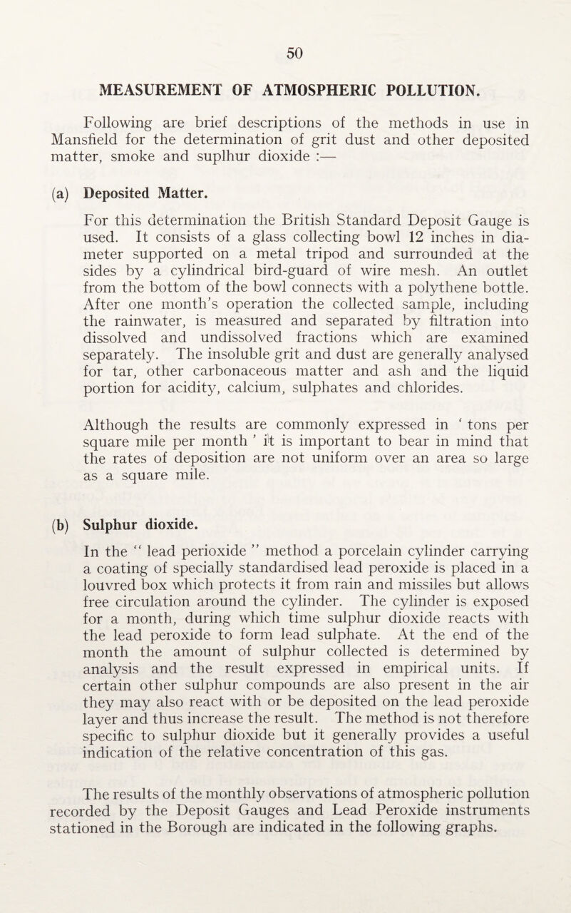 MEASUREMENT OF ATMOSPHERIC POLLUTION. Following are brief descriptions of the methods in use in Mansfield for the determination of grit dust and other deposited matter, smoke and suplhur dioxide :— (a) Deposited Matter. For this determination the British Standard Deposit Gauge is used. It consists of a glass collecting bowl 12 inches in dia¬ meter supported on a metal tripod and surrounded at the sides by a cylindrical bird-guard of wire mesh. An outlet from the bottom of the bowl connects with a polythene bottle. After one month’s operation the collected sample, including the rainwater, is measured and separated by filtration into dissolved and undissolved fractions which are examined separately. The insoluble grit and dust are generally analysed for tar, other carbonaceous matter and ash and the liquid portion for acidity, calcium, sulphates and chlorides. Although the results are commonly expressed in ‘ tons per square mile per month ’ ft is important to bear in mind that the rates of deposition are not uniform over an area so large as a square mile. (b) Sulphur dioxide. In the “ lead perioxide ” method a porcelain cylinder carrying a coating of specially standardised lead peroxide is placed in a louvred box which protects it from rain and missiles but allows free circulation around the cylinder. The cylinder is exposed for a month, during which time sulphur dioxide reacts with the lead peroxide to form lead sulphate. At the end of the month the amount of sulphur collected is determined by analysis and the result expressed in empirical units. If certain other sulphur compounds are also present in the air they may also react with or be deposited on the lead peroxide layer and thus increase the result. The method is not therefore specific to sulphur dioxide but it generally provides a useful indication of the relative concentration of this gas. The results of the monthly observations of atmospheric pollution recorded by the Deposit Gauges and Lead Peroxide instruments stationed in the Borough are indicated in the following graphs.