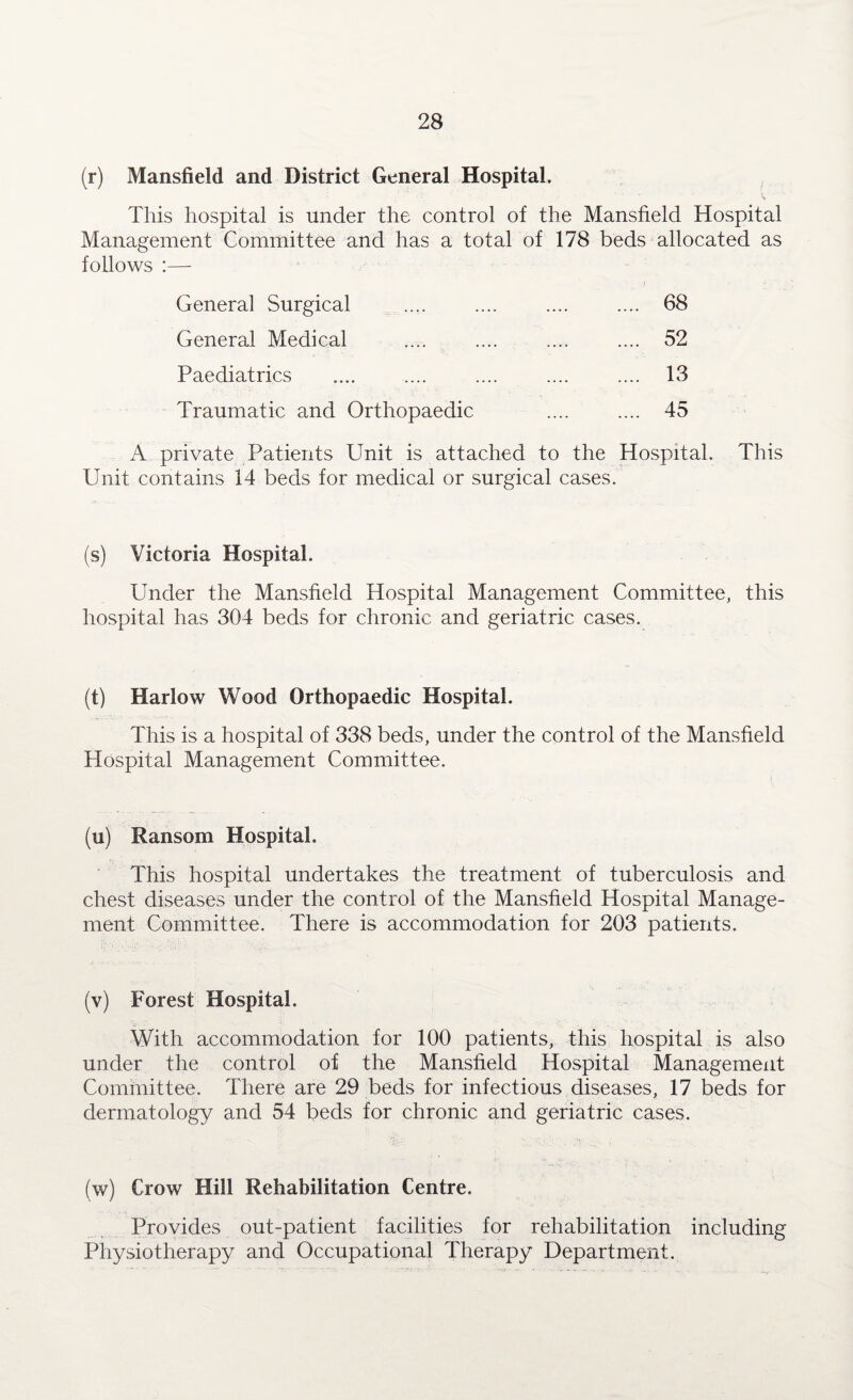 (r) Mansfield and District General Hospital. This hospital is under the control of the Mansfield Hospital Management Committee and has a total of 178 beds allocated as follows :—- General Surgical . 68 General Medical .. 52 Paediatrics .. 13 Traumatic and Orthopaedic . 45 A private Patients Unit is attached to the Hospital. This Unit contains 14 beds for medical or surgical cases. (s) Victoria Hospital. Under the Mansfield Hospital Management Committee, this hospital has 304 beds for chronic and geriatric cases. (t) Harlow Wood Orthopaedic Hospital. v-C-'-V- ‘ • ~ •• This is a hospital of 338 beds, under the control of the Mansfield Hospital Management Committee. (u) Ransom Hospital. This hospital undertakes the treatment of tuberculosis and chest diseases under the control of the Mansfield Hospital Manage¬ ment Committee. There is accommodation for 203 patients. (v) Forest Hospital. With accommodation for 100 patients, this hospital is also under the control of the Mansfield Hospital Management Committee. There are 29 beds for infectious diseases, 17 beds for dermatology and 54 beds for chronic and geriatric cases. (w) Crow Hill Rehabilitation Centre. Provides out-patient facilities for rehabilitation including Physiotherapy and Occupational Therapy Department.