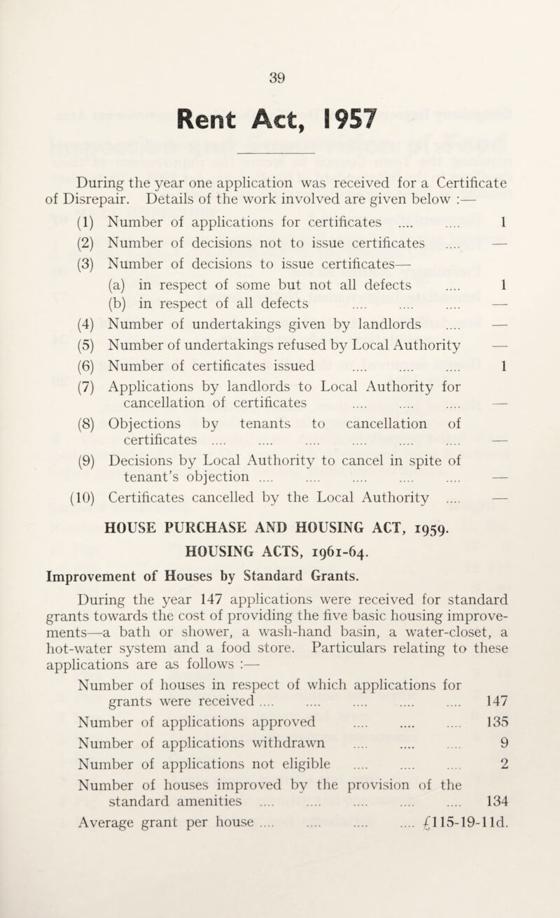 Rent Act, 1957 During the year one application was received for a Certificate of Disrepair. Details of the work involved are given below :— (1) Number of applications for certificates .... .... 1 (2) Number of decisions not to issue certificates (3) Number of decisions to issue certificates— (a) in respect of some but not all defects .... 1 (b) in respect of all defects (4) Number of undertakings given by landlords (5) Number of undertakings refused by Local Authority (6) Number of certificates issued .... .... .... 1 (7) Applications by landlords to Local Authority for cancellation of certificates (8) Objections by tenants to cancellation of certificates .... (9) Decisions by Local Authority to cancel in spite of tenant’s objection .... (10) Certificates cancelled by the Local Authority .... HOUSE PURCHASE AND HOUSING ACT, 1959. HOUSING ACTS, 1961-64. Improvement of Houses by Standard Grants. During the year 147 applications were received for standard grants towards the cost of providing the five basic housing improve¬ ments—a bath or shower, a wash-hand basin, a water-closet, a hot-water system and a food store. Particulars relating to these applications are as follows :— Number of houses in respect of which applications for grants were received. .... .... .... 147 Number of applications approved . 135 Number of applications withdrawn .... . 9 Number of applications not eligible .... .... .... 2 Number of houses improved by the provision of the standard amenities .... .... .... .... .... 134 Average grant per house.... .... .... .... £115-19-lld.