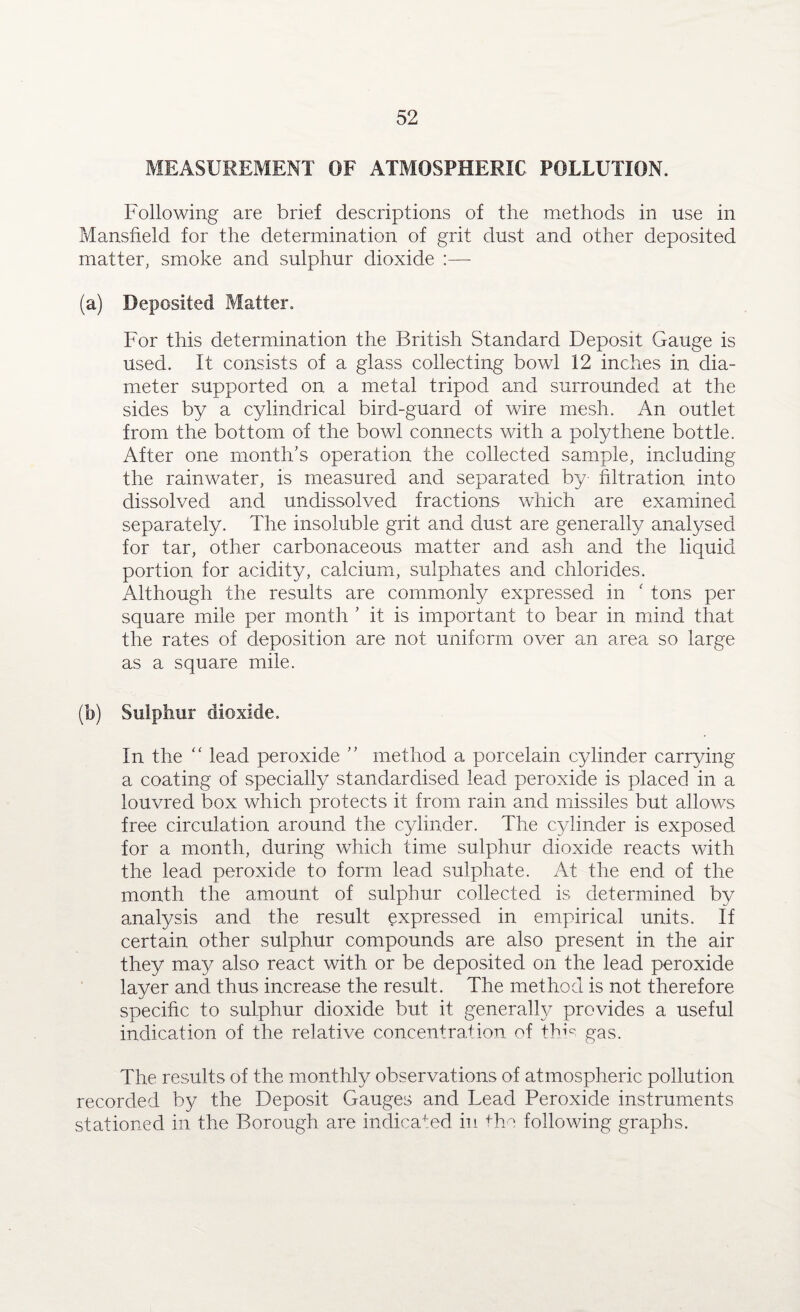 MEASUREMENT OF ATMOSPHERIC POLLUTION. Following are brief descriptions of the methods in use in Mansfield for the determination of grit dust and other deposited matter, smoke and sulphur dioxide :—- (a) Deposited Matter. For this determination the British Standard Deposit Gauge is used. It consists of a glass collecting bowl 12 inches in dia¬ meter supported on a metal tripod and surrounded at the sides by a cylindrical bird-guard of wire mesh. An outlet from the bottom of the bowl connects with a polythene bottle. After one month’s operation the collected sample, including the rainwater, is measured and separated by filtration into dissolved and undissolved fractions which are examined separately. The insoluble grit and dust are generally analysed for tar, other carbonaceous matter and ash and the liquid portion for acidity, calcium, sulphates and chlorides. Although the results are commonly expressed in ‘ tons per square mile per month ’ it is important to bear in mind that the rates of deposition are not uniform over an area so large as a square mile. (b) Sulphur dioxide. In the “ lead peroxide ” method a porcelain cylinder carrying a coating of specially standardised lead peroxide is placed in a louvred box which protects it from rain and missiles but allows free circulation around the cylinder. The cylinder is exposed for a month, during which time sulphur dioxide reacts with the lead peroxide to form lead sulphate. At the end of the month the amount of sulphur collected is determined by analysis and the result expressed in empirical units. If certain other sulphur compounds are also present in the air they may also react with or be deposited on the lead peroxide layer and thus increase the result. The method is not therefore specific to sulphur dioxide but it generally provides a useful indication of the relative concentration of this gas. The results of the monthly observations of atmospheric pollution recorded by the Deposit Gauges and Lead Peroxide instruments stationed in the Borough are indicated in the following graphs.