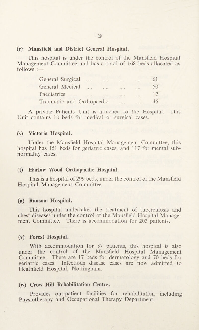 (r) Mansfield and District General Hospital. This hospital is under the control of the Mansfield Hospital Management Committee and has a total of 168 beds allocated as follows :— General Surgical .... . 61 General Medical . 50 Paediatrics . 1? Traumatic and Orthopaedic 45 A private Patients Unit is attached to the Hospital. This Unit contains 18 beds for medical or surgical cases. (s) Victoria Hospital. Under the Mansfield Hospital Management Committee, this hospital has 151 beds for geriatric cases, and 117 for mental sub¬ normality cases. (t) Harlow Wood Orthopaedic Hospital. This is a hospital of 299 beds, under the control of the Mansfield Hospital Management Committee. (u) Ransom Hospital. This hospital undertakes the treatment of tuberculosis and chest diseases under the control of the Mansfield Hospital Manage¬ ment Committee. There is accommodation for 203 patients. (v) Forest Hospital. With accommodation for 87 patients, this hospital is also under the control of the Mansfield Hospital Management Committee. There are 17 beds for dermatology and 70 beds for geriatric cases. Infectious disease cases are now admitted to Heathfield Hospital, Nottingham. (w) Crow Hill Rehabilitation Centre. Provides out-patient facilities for rehabilitation including Physiotherapy and Occupational Therapy Department.