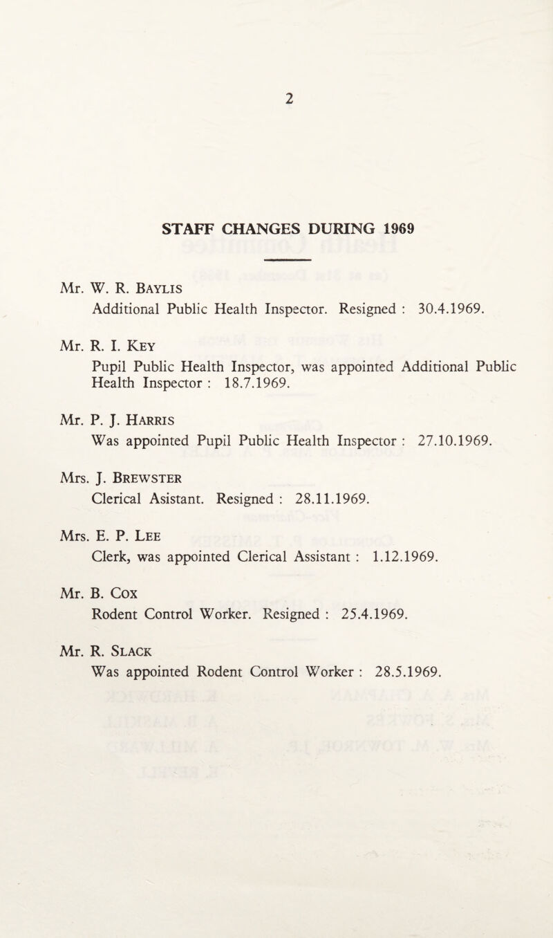 STAFF CHANGES DURING 1969 Mr. W. R. Baylis Additional Public Health Inspector. Resigned : 30.4.1969. Mr. R. I. Key Pupil Public Health Inspector, was appointed Additional Public Health Inspector : 18.7.1969. Mr. P. J. Harris Was appointed Pupil Public Health Inspector : 27.10.1969. Mrs. J. Brewster Clerical Asistant. Resigned : 28.11.1969. Mrs. E. P. Lee Clerk, was appointed Clerical Assistant : 1.12.1969. Mr. B. Cox Rodent Control Worker. Resigned : 25.4.1969. Mr. R. Slack Was appointed Rodent Control Worker : 28.5.1969.