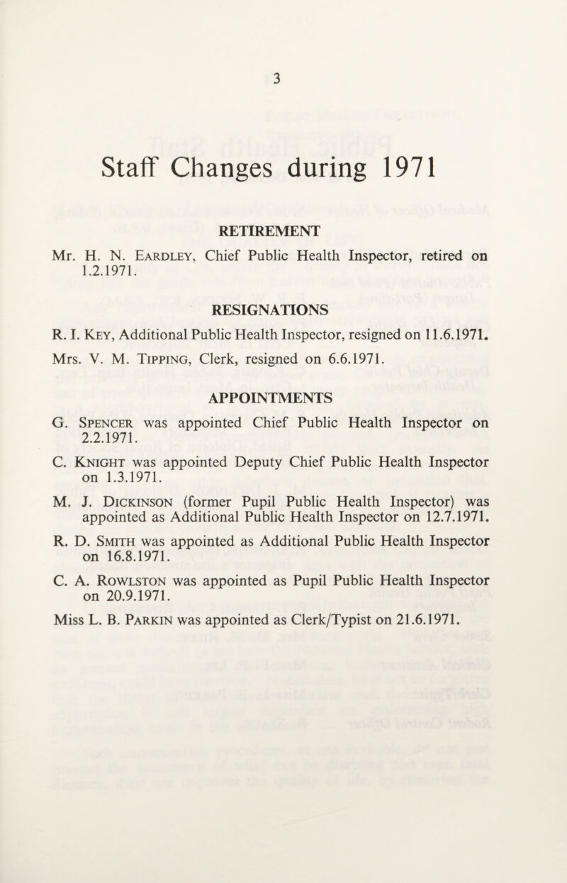 Staff Changes during 1971 RETIREMENT Mr. H. N. Eardley, Chief Public Health Inspector, retired on 1.2.1971. RESIGNATIONS R. I. Key, Additional Public Health Inspector, resigned on 11.6.1971. Mrs. V. M. Tipping, Clerk, resigned on 6.6.1971. APPOINTMENTS G. Spencer was appointed Chief Public Health Inspector on 2.2.1971. C. Knight was appointed Deputy Chief Public Health Inspector on 1.3.1971. M. J. Dickinson (former Pupil Public Health Inspector) was appointed as Additional Public Health Inspector on 12.7.1971. R. D. Smith was appointed as Additional Public Health Inspector on 16.8.1971. C. A. Rowlston was appointed as Pupil Public Health Inspector on 20.9.1971. Miss L. B. Parkin was appointed as Clerk/Typist on 21.6.1971.