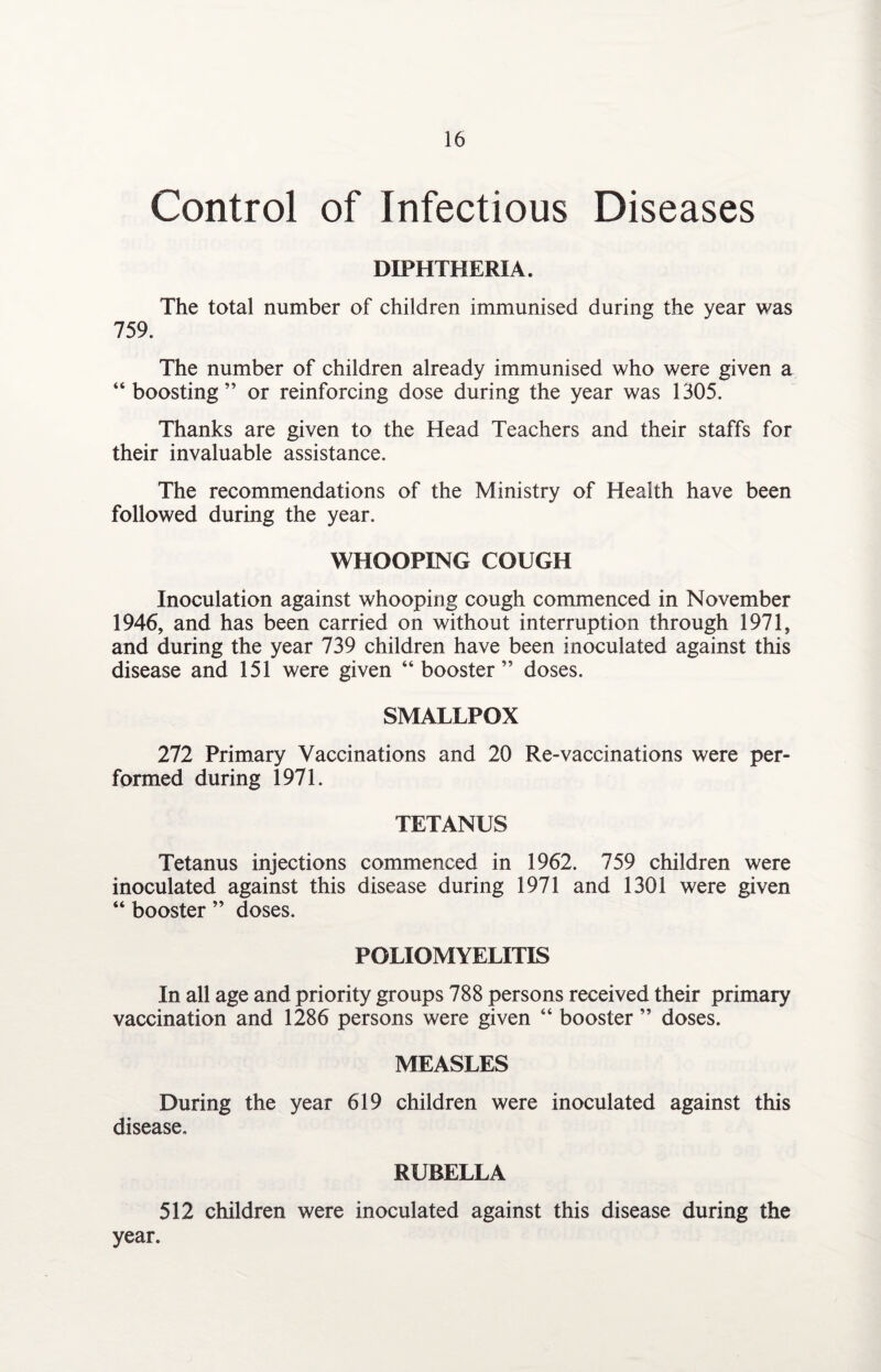 Control of Infectious Diseases DIPHTHERIA. The total number of children immunised during the year was 759. The number of children already immunised who were given a “boosting” or reinforcing dose during the year was 1305. Thanks are given to the Head Teachers and their staffs for their invaluable assistance. The recommendations of the Ministry of Health have been followed during the year. WHOOPING COUGH Inoculation against whooping cough commenced in November 1946, and has been carried on without interruption through 1971, and during the year 739 children have been inoculated against this disease and 151 were given “booster” doses. SMALLPOX 272 Primary Vaccinations and 20 Re-vaccinations were per¬ formed during 1971. TETANUS Tetanus injections commenced in 1962. 759 children were inoculated against this disease during 1971 and 1301 were given “ booster ” doses. POLIOMYELITIS In all age and priority groups 788 persons received their primary vaccination and 1286 persons were given “ booster ” doses. MEASLES During the year 619 children were inoculated against this disease. RUBELLA 512 children were inoculated against this disease during the year.