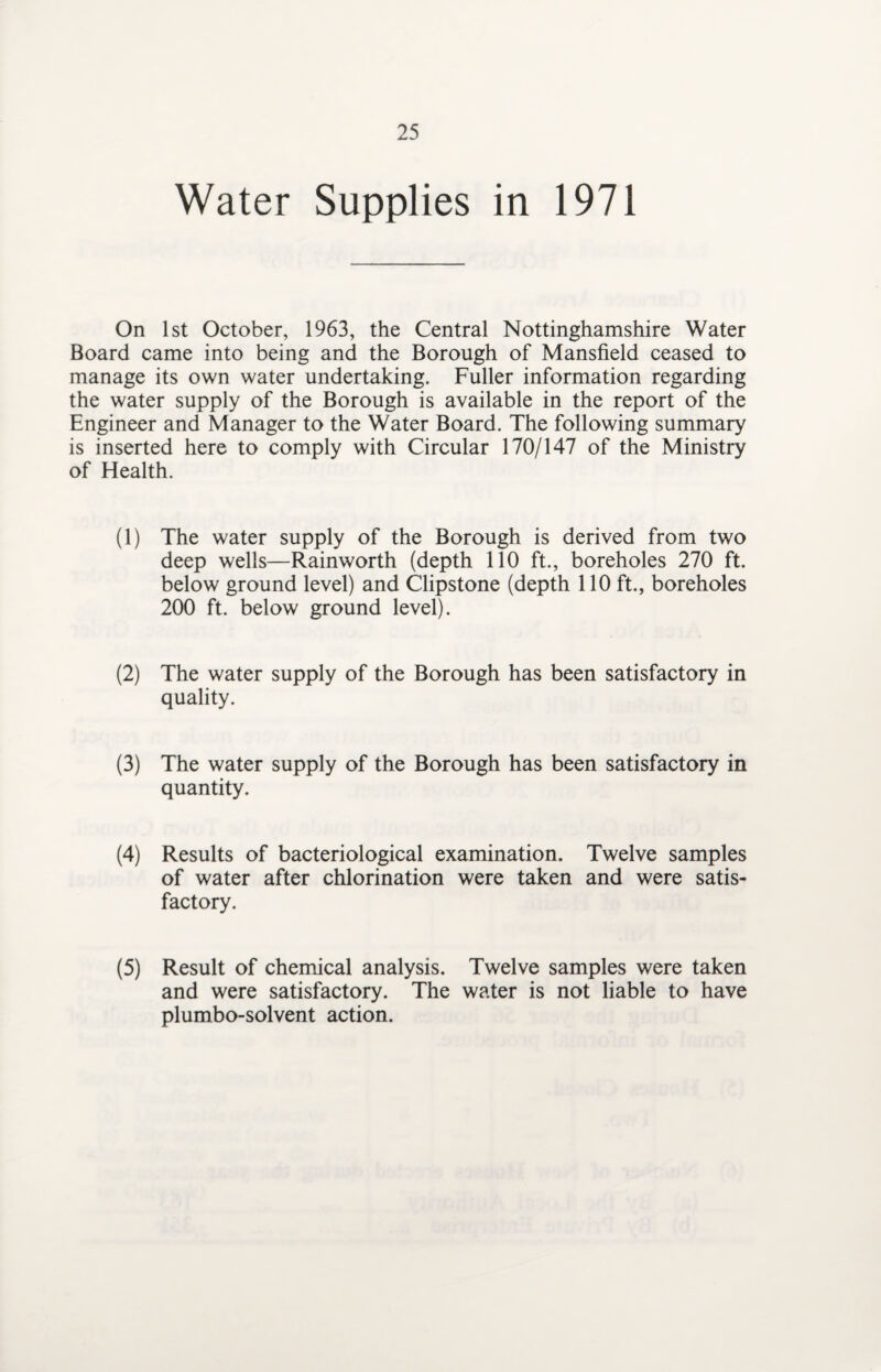 Water Supplies in 1971 On 1st October, 1963, the Central Nottinghamshire Water Board came into being and the Borough of Mansfield ceased to manage its own water undertaking. Fuller information regarding the water supply of the Borough is available in the report of the Engineer and Manager to the Water Board. The following summary is inserted here to comply with Circular 170/147 of the Ministry of Health. (1) The water supply of the Borough is derived from two deep wells—Rainworth (depth 110 ft., boreholes 270 ft. below ground level) and Clipstone (depth 110 ft., boreholes 200 ft. below ground level). (2) The water supply of the Borough has been satisfactory in quality. (3) The water supply of the Borough has been satisfactory in quantity. (4) Results of bacteriological examination. Twelve samples of water after chlorination were taken and were satis¬ factory. (5) Result of chemical analysis. Twelve samples were taken and were satisfactory. The water is not liable to have plumbo-solvent action.