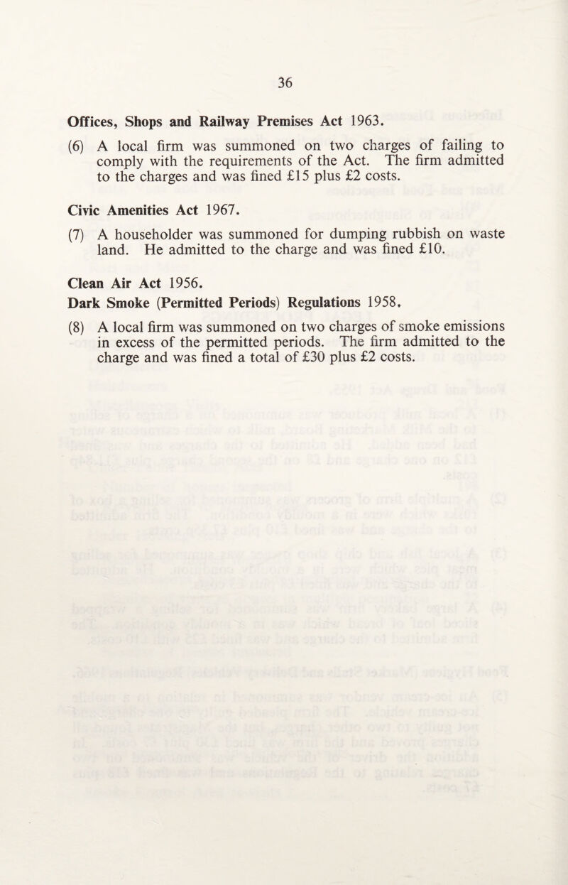 Offices, Shops and Railway Premises Act 1963. (6) A local firm was summoned on two charges of failing to comply with the requirements of the Act. The firm admitted to the charges and was fined £15 plus £2 costs. Civic Amenities Act 1967. (7) A householder was summoned for dumping rubbish on waste land. He admitted to the charge and was fined £10. Clean Air Act 1956. Dark Smoke (Permitted Periods) Regulations 1958, (8) A local firm was summoned on two charges of smoke emissions in excess of the permitted periods. The firm admitted to the charge and was fined a total of £30 plus £2 costs.