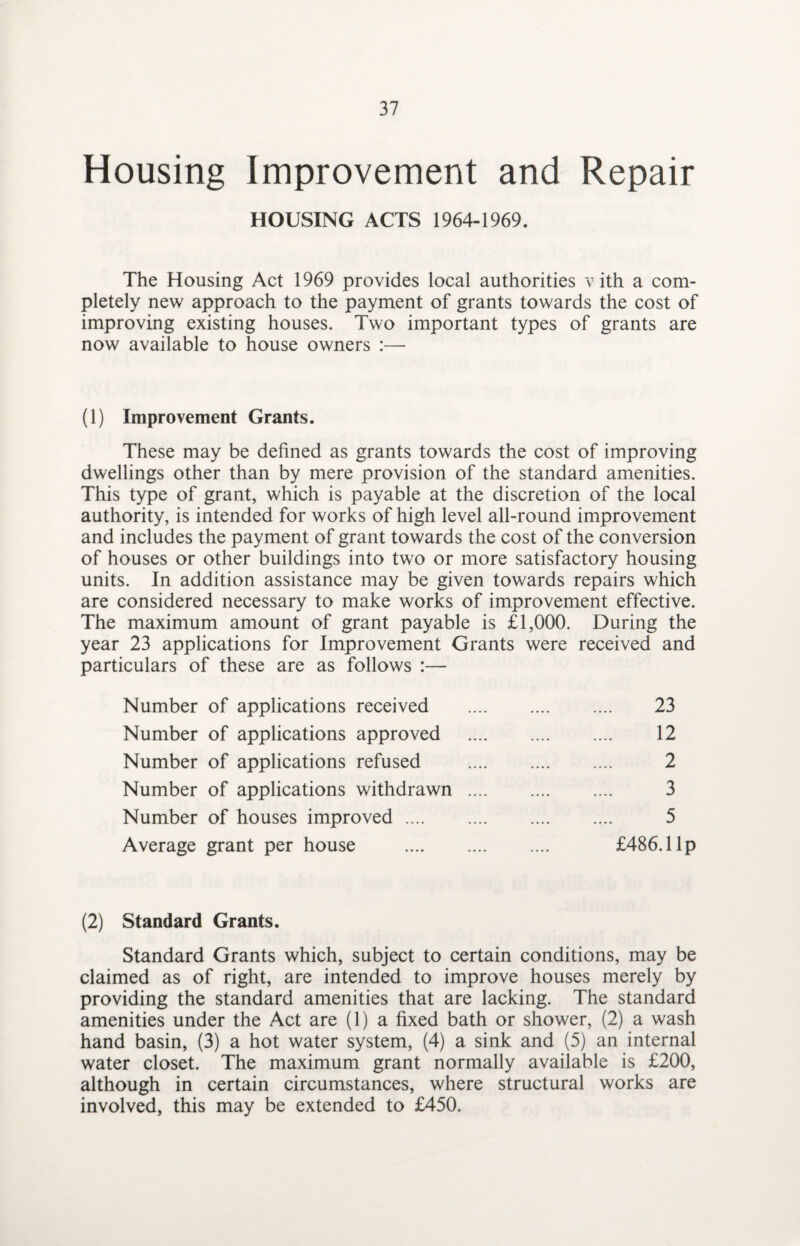 Housing Improvement and Repair HOUSING ACTS 1964-1969. The Housing Act 1969 provides local authorities v ith a com¬ pletely new approach to the payment of grants towards the cost of improving existing houses. Two important types of grants are now available to house owners :— (1) Improvement Grants. These may be defined as grants towards the cost of improving dwellings other than by mere provision of the standard amenities. This type of grant, which is payable at the discretion of the local authority, is intended for works of high level all-round improvement and includes the payment of grant towards the cost of the conversion of houses or other buildings into two or more satisfactory housing units. In addition assistance may be given towards repairs which are considered necessary to make works of improvement effective. The maximum amount of grant payable is £1,000. During the year 23 applications for Improvement Grants were received and particulars of these are as follows :— Number of applications received . 23 Number of applications approved . 12 Number of applications refused . 2 Number of applications withdrawn . 3 Number of houses improved. 5 Average grant per house . £486.1 lp (2) Standard Grants. Standard Grants which, subject to certain conditions, may be claimed as of right, are intended to improve houses merely by providing the standard amenities that are lacking. The standard amenities under the Act are (1) a fixed bath or shower, (2) a wash hand basin, (3) a hot water system, (4) a sink and (5) an internal water closet. The maximum grant normally available is £200, although in certain circumstances, where structural works are involved, this may be extended to £450.