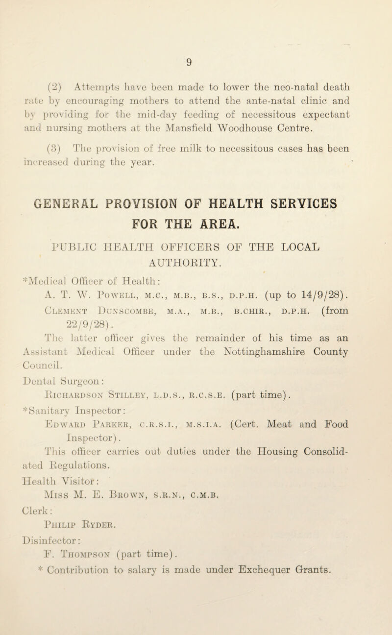 (2) Attempts have been made to lower the neo-natal death rate by encouraging mothers to attend the ante-natal clinic and by providing for the mid-day feeding of necessitous expectant and nursing mothers at the Mansfield Woodhouse Centre. (3) The provision of free milk to necessitous cases has been increased during the year. GENERAL PROVISION OF HEALTH SERVICES FOR THE AREA. PUBLIC HEALTH OFFICERS OF THE LOCAL AUTHORITY. ^Medical Officer of Health: A. T. W. Powell, m.c., m.b., b.s., d.p.h. (up to 14/9/28). Clement Dunscombe, m.a., m.b., b.chir., d.p.h. (from 22/9/28). The latter officer gives the remainder of his time as an Assistant Medical Officer under the Nottinghamshire County Council. Dental Surgeon: Richardson Stilley, l.d.s., r.c.s.e. (part time). ^Sanitary Inspector: Edward Parker, c.r.s.i., m.s.i.a. (Cert. Meat and Food Inspector). This officer carries out duties under the Housing Consolid¬ ated Regulations. Health Visitor: Miss M. E. Brown, s.r.n., c.m.b. Clerk: Philip Ryder. Disinfector: E. Thompson (part time). * Contribution to salary is made under Exchequer Grants.