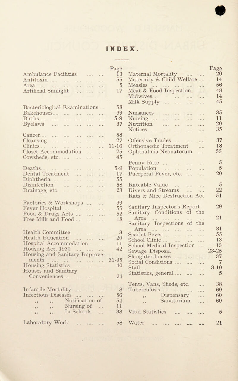 INDEX # Page Paga Ambulance Facilities . 13 Maternal Mortality . 20 Antitoxin . 55 Maternity & Child Welfare .... 14 Area . 5 Measles . 56 Artificial Sunlight . 17 Meat & Food Inspection 48 Mid wives... . 14 Milk Supply . 45 Bacteriological Examinations.... 58 Bakehouses. 39 Nuisances . 35 Births. 5-9 Nursing. 11 Byelaws . ,. 37 Nutrition .. . 20 Notices . 35 Cancer. 58 Cleansing . 27 Offensive Trades . 37 Clinics. 11-16 Orthopaedic Treatment 18 Closet Accommodation . 25 Ophthalmia Neonatorum .... 55 Cowsheds, etc. 45 Penny Rate . 5 Deaths. 5-9 Population . 5 Dental Treatment . 17 Puerperal Fever, etc. 20 Diphtheria. 55 Disinfection . 58 Rateable Value . 5 Drainage, etc. 23 Rivers and Streams . 22 Rats & Mice Destruction Act 51 Factories & Workshops . 39 Fever Flospital. 55 Sanitary Inspector’s Report 29 -L Food & Drugs Acts . 52 Sanitary Conditions of the Free Milk and Food. 18 Area . 21 Sanitary Inspections of the Area . 31 Health Committee . 3 Scarlet Fever. 55 Health Education .. 20 School Clinic. 13 Hospital Accommodation 11 School Medical Inspection .... 13 Housing Act, 1930 . Housing and Sanitary Improve¬ 42 Sewage Disposal Slaughter-houses ... 23-25 37 ments . 31-35 Social Conditions . 7 Housing Statistics . 40 Staff. 3-10 Houses and Sanitary Conveniences. 24 Statistics, general. 5 Tents, Vans, Sheds, etc. 38 Infantile Mortality . 8 Tuberculosis . 60 Infectious Diseases . 56 ,, Dispensary 60 ,, ,, Notification of 54 ,, Sanatorium 60 ,, ,, Nursing of 11 ,, ,, In Schools 38 Vital Statistics . 5 Laboratory Work .. .... 58 Water .,. 21