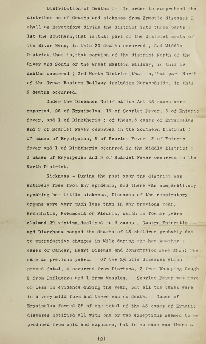 distribution of deaths and sickness from Zymotic diseases I shall as heretofore divide the district into three parts ; 1st the Southern,that is,that part of the district south of the River Nene, in this 30 deaths occurred ; 2nd Middle District,that is,that portion of the district North of the River and South of the Great Eastern Railway, in this 59 deaths occurred ; 3rd North District,that is,that part North of the Great Eastern Railway including Norwoodside, in this 9 deaths occurred. Under the Diseases Notification Act 46 cases were reported, 25 of Erysipelas, 17 of Scarlet Fever, 3 of Enteric fever, and 1 of Diphtheria ; of these,5 cases of Erysipelas and 5 of Scarlet Fever occurred in the Southern District ; 17 cases of Erysipelas, 9 of Scarlet Fever, 3 of Enteric fever and 1 of Diphtheria occurred in the Middle District ; 3 cases of Erysipelas and 3 of Scarlet Fever occurred in the North District® Sickness - During the past year the district was entirely free from any epidemic, and there was comparatively speaking but little sickness, Diseases of the respiratory organs were very much less than in any previous year, Bronchitis, Pneumonia or Pleurisy which in former years claimed 29 victims,declined to 9 cases ; Gastro Enteritis - — ~ — - and Diarrhoea caused the deaths of 13 children probably due to putrefactive changes in Milk during the hot weather ; cases of Cancer, Heart Disease and Consumption were about the same as previous years. Of the Zymotic diseases which proved fatal, 4 occurred from Diarhoea, 2 from Whooping Cough 2 from Influenza and 1 from Measles. Scarlet Fever was more or less in evidence during the year, but all the cases were in a very mild form and there wa3 no death* Cases of Erysipelas formed 25 of the total of the 46 cases of Zymotic diseases notified all with one or two exceptions seemed to be produced from cold and exposure, but in no case was there a (2)