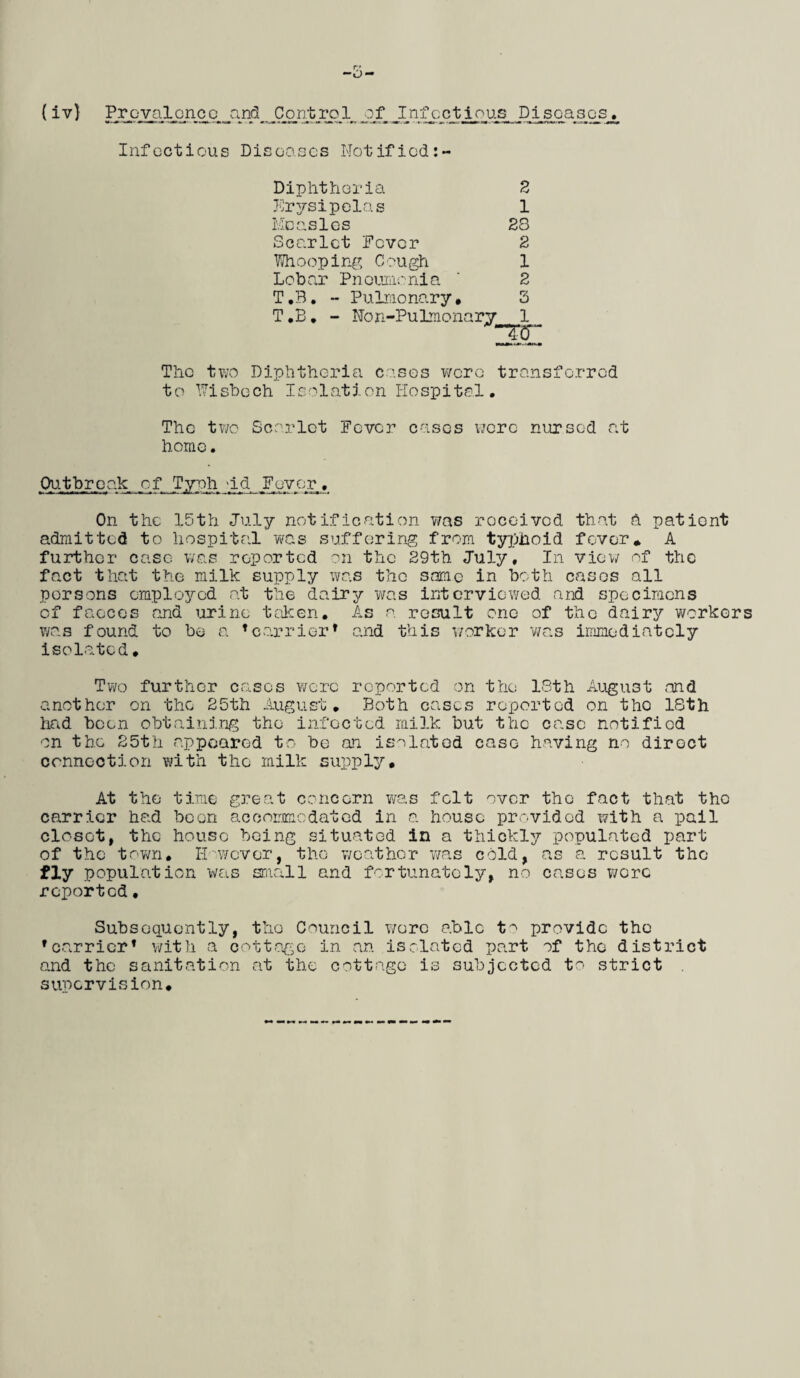 Infectious Disoascs Notified: Diphtheria Erysipelas Measles Scarlet Fever Whooping Cough Lobar Pneumonia T.B. - Pulmonary, T.B. - Non-Pulmonary^ 2 1 28 2 1 2 3 1 ter The two Diphtheria cases were transferred to Wisbech Isolation Hospital. The two Scarlet Fever cases were nursed at home. Outbreak of Typh Id Fever. On the 15th July notification was received that ft patient admitted to hospital was suffering from typhoid fever* A further case was reported on the 29th July, In view of the fact that the milk supply was the same in both cases all persons employed at the dairy was interviewed and specimens of faeces and urine taken. As a result one of the dairy workers was found to be a ’carrier* and this worker was immediately isolated. Two further eases were reported on the 18th August and another on the 25th August. Both eases reported on tho 18th had been obtaining the infected milk but the ease notified on the 25th appeared to be an isolated case having no direct connection with tho milk supply. At the time great concern was felt over the fact that tho carrier had boon accommodated in a house provided with a pail closet, the house being situated in a thickly populated part of the town. However, the weather was cold, as a result the fly population was small and fortunately, no cases were reported • Subsequently, the Council Y/orc able t~' provide the ’carrier* with a cottage in an isolated part of the district and the sanitation at the cottage is subjected to strict supervision.