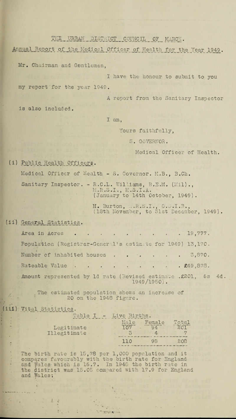 TEE URBAN_ D.I3T_:I_CT COUNCIL OJ_ MARCH. Annual .Report of_the_ Medical Officer of Health JYear 1949 . Mr. Chairman and Gentlemen, I have the honour to submit to you my report for the year 1949. A report from the Sanitary Inspector is also included. I am, Yours faithfully, S. GOVERNOR. Medical Officer of Health. ( i) PubJLi_c JSealth,. Officers. Medical Officer of Health - S. Governor. M.B., B.Ch. Sanitary Inspector. - R.C.L. Williams, B.E.M. (Mil)., M. R . S . I. , M. 3.1. A. (January to 14th October, 1949). H. Burton, ..R.S.I., O.S.I.3., (18th November, to 31st December, 1949). (ii) General Statistics. Area in Acres.. . 19,777. Population (Registrar-Generel7s estim.te for 1949) 13,170, Number of inhabited houses . . . . . 3,870. Rateable Value ......... £49,878. .Amount represented by Id rate (Revised estimate .£201, 6s 4d. 1949/1950}. . The estimated population,shows an increase of 20 on the 1948 figure. (ill) Vital Stati_st_ic_s . Tajbl e, _I _ Live, Births . : Male Female Total Legitimate 107~ 9*4~ ’ *£01 ~ Illegitimate 3 4 „ Z 110 98 208 The birth rate is 15,78 per 1,000 population and it compares favourably with the birth rate for England and Wales-which is 16.7. In 1948 the birth ritte in the district was 15.05 compared with 17.9 for England and Wales; K