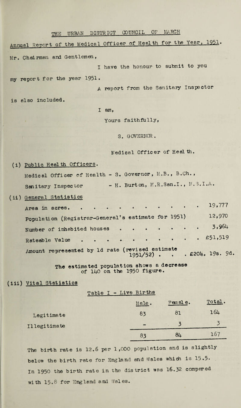 the urban district council OF MARCH Annual Report of the Medical Officer of Health for the Yearf 1^1 • Mr. Chairman and Gentlemen, I have the honour to submit to you my report for the year 1951. A report from the Sanitary Inspector is also included. I am, Yours faithfully, S. GOVERNOR. Medical Officer of Health. (i) Public Health Officers. Medical Officer of Health - S. Governor, M.B., B.Ch., Sanitary Inspector — H. Burton, M.R.San.I., I'.^.I.A. (ii) General Statistics Area in acres. Population (Registrar-General’s estimate for 1951) Number of inhabited houses . . Rateable Value.. 19,777 12,970 3,964 £51,519 Amount represented by Id rate (revised^stimate . ^ gd_ The estimated population shows a decrease of 140 on the 1950 figure. (iii) Vital Statistics Legitimate Illegitimate Table I - Live Births Male . 83 Fernal e. 81 3 Total. 164 3 83 84 167 The birth rate is 12.6 per 1,000 population and is slightly below the birth rate for England and Wales which is 15.5* In 1950 the birth rate in the district was 16.32 compered with 15.8 for England and Vales.