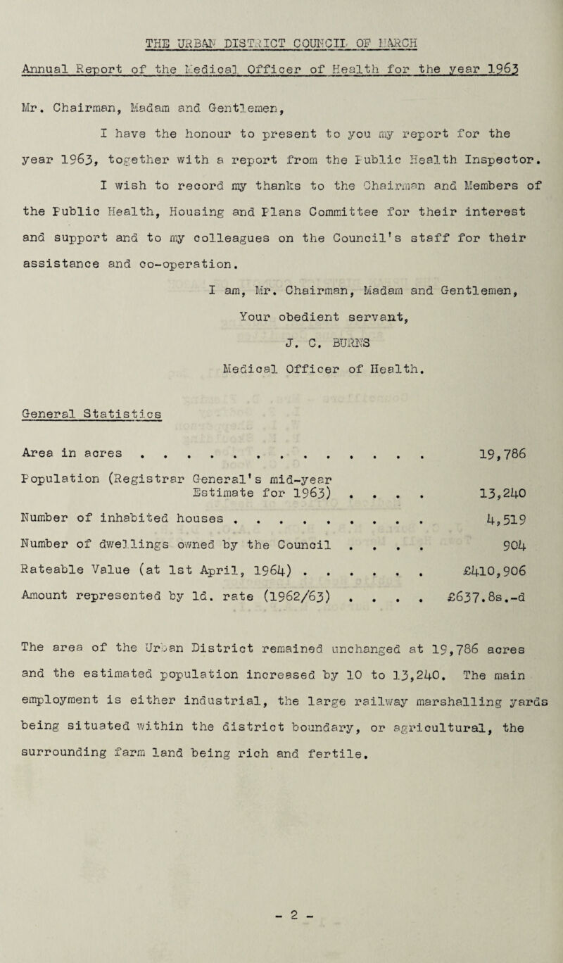 Annual Re-port of the Medical Officer of Health for the year 1963 Mr. Chairman, Madam and Gentlemen, I have the honour to present to you my report for the year 1963, together with a report from the Public Health Inspector. I wish to record my thanks to the Chairman and Members of the Public Health, Housing and Plans Committee for their interest and support and to my colleagues on the Council’s staff for their assistance and co-operation. I am, Mr. Chairman, Madam and Gentlemen, Your obedient servant, J. C. BURNS Medical Officer of Health. General Statistics Area in acres. 19,786 Population (Registrar General's mid-year Estimate for 1963) .... 13,240 Number of inhabited houses . 4,519 Number of dwellings owned by the Council .... 904 Rateable Value (at 1st April, 1964) . £410,906 Amount represented by Id. rate (1962/63) .... £637.8s.-d The area of the Urban District remained unchanged at 19,786 acres and the estimated population increased by 10 to 13,240. The main employment is either industrial, the large railway marshalling yards being situated within the district boundary, or agricultural, the surrounding farm land being rich and fertile.