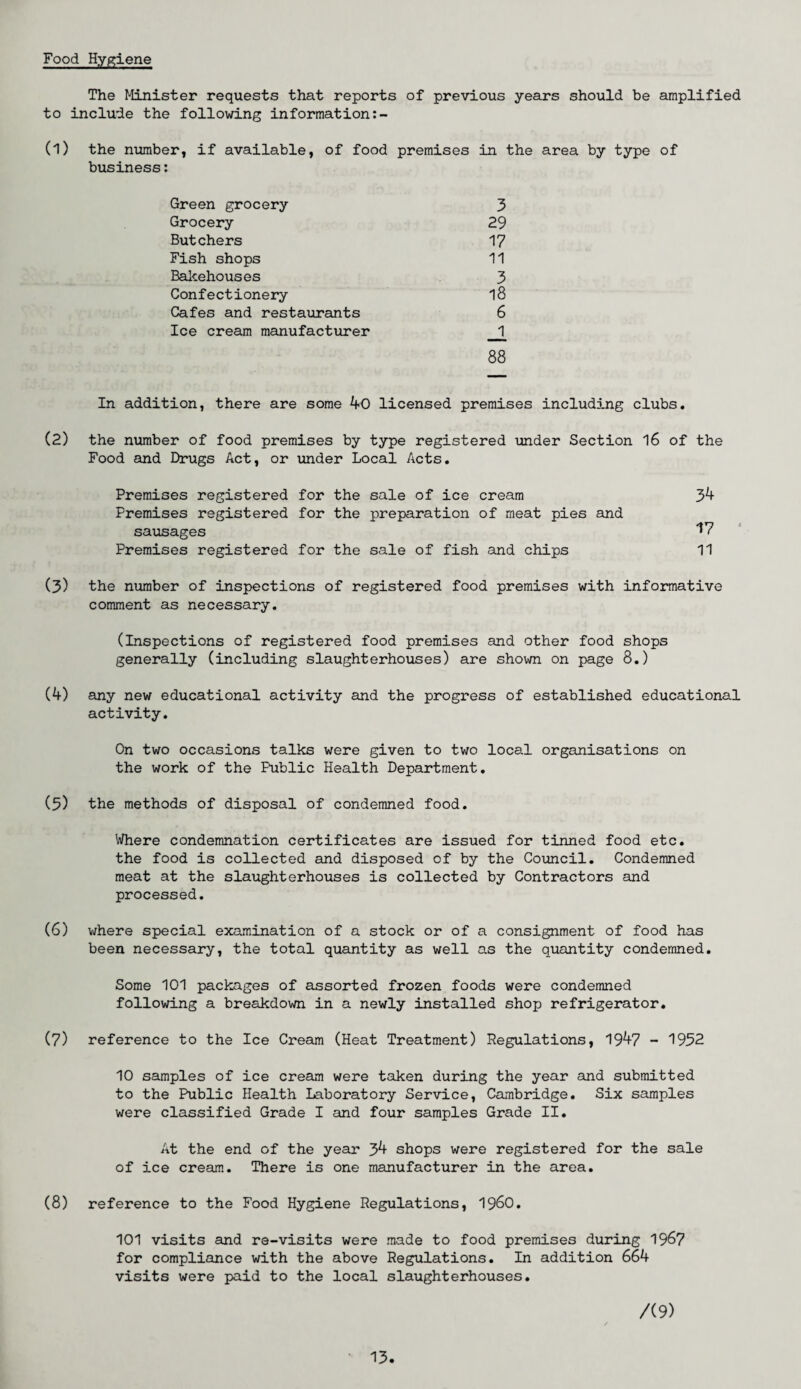 Food Hygiene The Minister requests that reports of previous years should be to include the following information (l) the number, if available, of food premises in the area by type business: Green grocery 3 Grocery 29 Butchers 17 Fish shops 11 Bakehouses 3 Confectionery l8 Cafes and restaurants 6 Ice cream manufacturer 88 In addition, there are some 4O licensed premises including clubs. (2) the number of food premises by type registered under Section 16 of the Food and Drugs Act, or under Local Acts. Premises registered for the sale of ice cream 34 Premises registered for the preparation of meat pies and sausages 17 J Premises registered for the sale of fish and chips 11 (3) the number of inspections of registered food premises with informative comment as necessary. (inspections of registered food premises and other food shops generally (including slaughterhouses) are shown on page 8.) (4) any new educational activity and the progress of established educational activity. On two occasions talks were given to two local organisations on the work of the Public Health Department. (5) the methods of disposal of condemned food. Where condemnation certificates are issued for tinned food etc. the food is collected and disposed of by the Council. Condemned meat at the slaughterhouses is collected by Contractors and processed. (6) where special examination of a stock or of a consignment of food has been necessary, the total quantity as well as the quantity condemned. Some 101 packages of assorted frozen foods were condemned following a breakdown in a newly installed shop refrigerator. (7) reference to the Ice Cream (Heat Treatment) Pegulations, 1947 - 1952 10 samples of ice cream were taken during the year and submitted to the Public Health Laboratory Service, Cambridge. Six samples were classified Grade I and four samples Grade II. At the end of the year 34 shops were registered for the sale of ice cream. There is one manufacturer in the area. (8) reference to the Food Hygiene Regulations, i960. 101 visits and re-visits were made to food premises during 1967 for compliance with the above Regulations. In addition 664 visits were paid to the local slaughterhouses. /(9) amplified of