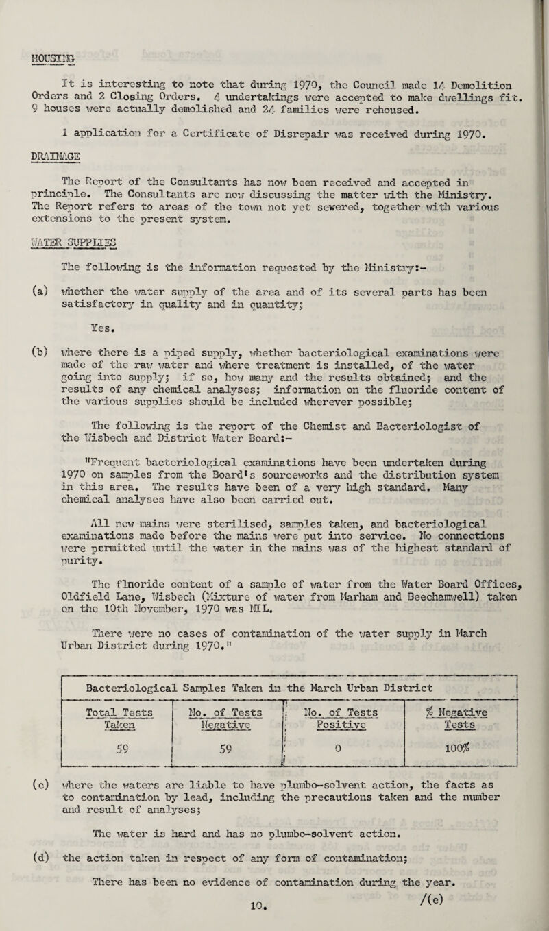 HOUSING It is interesting to note that during 1970, the Council made 14 Demolition Orders and 2 Closing Orders. 4 undertakings were accepted to make dwellings fit. 9 houses were actually demolished and 24 families were rehoused. 1 application for a Certificate of Disrepair was received during 1970. DRAH'I/iGB The Report of the Consultants has now been received and accepted in principle. The Consultants arc now discussing the matter with the Ministry. The Report refers to areas of the town not yet sewered, together with various extensions to the present system. HATER GUPPKSS The following is the information requested by the Ministry:- (a) whether the water suooljr of the area and of its several parts has been satisfactory in quality and in quantity£ Yes. (b) where there is a piped supply, whether bacteriological examinations were made of the raw water and where treatment is installed, of the water going into supply; if so, how many and the results obtained; and the results of any chemical analyses; information on the fluoride content of the various supplies should be included wherever possible; The follov/ing is the report of the Chemist and Bacteriologist of the Wisbech and District Water Board:- Frequent bacteriological examinations have been undertaken during 1970 on samnles from the Board1s sourceworks and the distribution system in this area. The results have been of a very high standard. Many chemical analyses have also been carried out. All new mains were sterilised, samples taken, and bacteriological examinations made before the mains were put into service. No connections were permitted until the water in the mains was of the highest standard of purity. The fluoride content of a sample of water from the Water Board Offices, Oldfield Lane, Wisbech (Mixture of water from Marham and Beechamwell) taken on the 10th November, 1970 was NIL. There were no cases of contamination of the water supply in March Urban District during 1970. Bacteriological Samples Taken in the March Urban District Total Tests No. of Tests fT ..1 ; No. of Tests $ Negative Taken Negative Positive Tests 59 59 : 0 100$ L (c) where the waters are liable to have plumbo-solvent action, the facts as to contamination by lead, including the precautions taken and the number and result of analyses; The water is hard and has no plumbo-solvent action. (d) the action taken in respect of any form of contamination; There has been no evidence of contamination during the year. /(e)