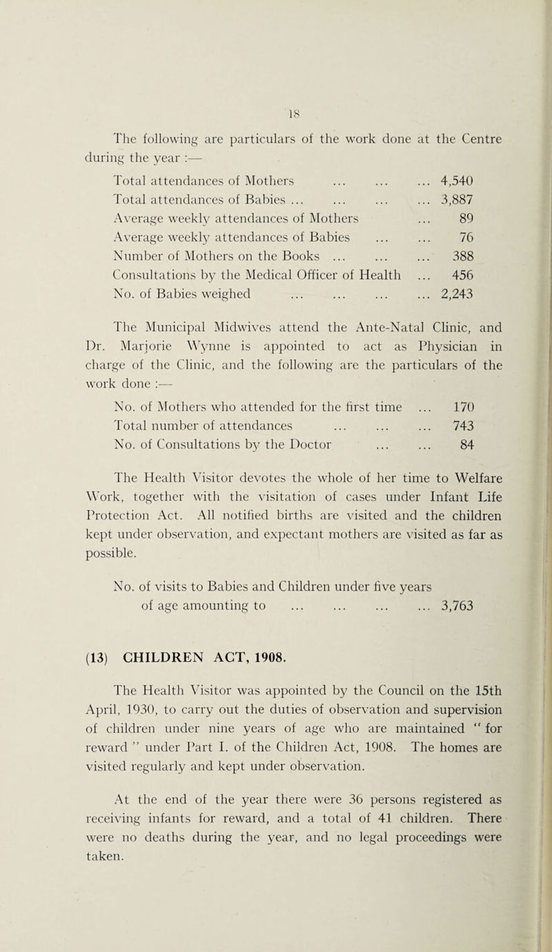 The following are particulars of the work done at the Centre during the year :— Total attendances of Mothers ... ... ... 4,540 Total attendances of Babies ... ... ... ... 3,887 Average weekly attendances of Mothers ... 89 Average weekly attendances of Babies ... ... 76 Number of Mothers on the Books ... ... ... 388 Consultations by the Medical Officer of Health ... 456 No. of Babies weighed ... ... ... ... 2,243 The Municipal Midwives attend the Ante-Natal Clinic, and Dr. Marjorie Wynne is appointed to act as Physician in charge of the Clinic, and the following are the particulars of the work done :— No. of Mothers who attended for the first time ... 170 Total number of attendances ... ... ... 743 No. of Consultations by the Doctor ... ... 84 The Health Visitor devotes the whole of her time to Welfare Work, together with the visitation of cases under Infant Life Protection Act. All notified births are visited and the children kept under observation, and expectant mothers are visited as far as possible. No. of visits to Babies and Children under five years of age amounting to ... ... ... ... 3,763 (13) CHILDREN ACT, 1908. The Health Visitor was appointed by the Council on the 15th April, 1930, to carry out the duties of observation and supervision of children under nine years of age who are maintained “ for reward ” under Part I. of the Children Act, 1908. The homes are visited regularly and kept under observation. At the end of the year there were 36 persons registered as receiving infants for reward, and a total of 41 children. There were no deaths during the year, and no legal proceedings were taken.