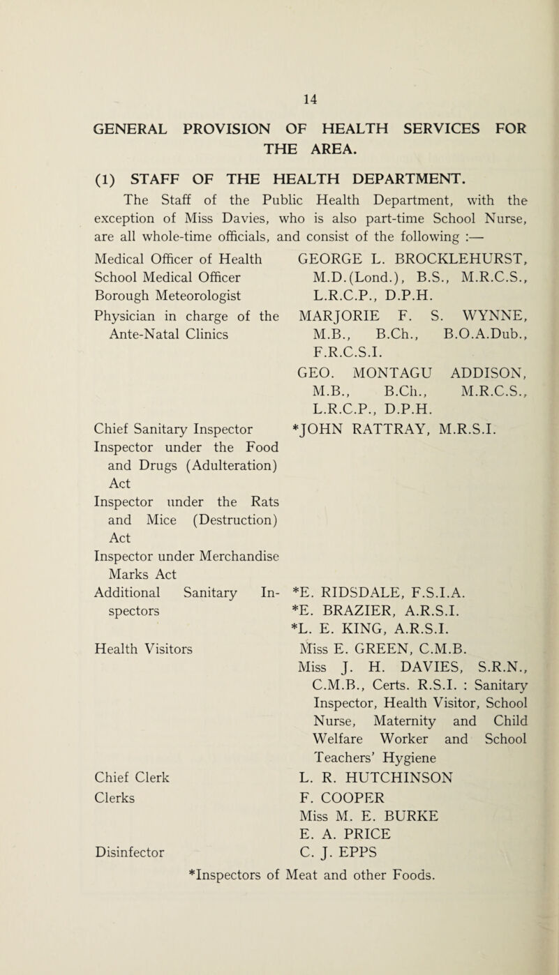 GENERAL PROVISION OF HEALTH SERVICES FOR THE AREA. (1) STAFF OF THE HEALTH DEPARTMENT. The Staff of the Public Health Department, with the exception of Miss Davies, who is also part-time School Nurse, are all whole-time officials, and consist of the following :— Medical Officer of Health GEORGE L. BROCKLEHURST, School Medical Officer M.D.(Lond.), B.S., M.R.C.S., Borough Meteorologist L.R.C.P., D.P.H. Physician in charge of the Ante-Natal Clinics MARJORIE F. S. WYNNE, M.B., B.Ch., B.O.A.Dub., F.R.C.S.I. GEO. MONTAGU ADDISON, M.B., B.Ch., M.R.C.S., L.R.C.P., D.P.H. Chief Sanitary Inspector Inspector under the Food and Drugs (Adulteration) Act Inspector under the Rats and Mice (Destruction) Act Inspector under Merchandise Marks Act Additional Sanitary In¬ spectors Health Visitors Chief Clerk Clerks Disinfector *JOHN RATTRAY, M.R.S.I. *E. RIDSDALE, F.S.I.A. *E. BRAZIER, A.R.S.I. *L. E. KING, A.R.S.I. Miss E. GREEN, C.M.B. Miss J. H. DAVIES, S.R.N., C.M.B., Certs. R.S.I. : Sanitary Inspector, Health Visitor, School Nurse, Maternity and Child Welfare Worker and School Teachers’ Hygiene L. R. HUTCHINSON F. COOPER Miss M. E. BURKE E. A. PRICE C. J. EPPS inspectors of Meat and other Foods.