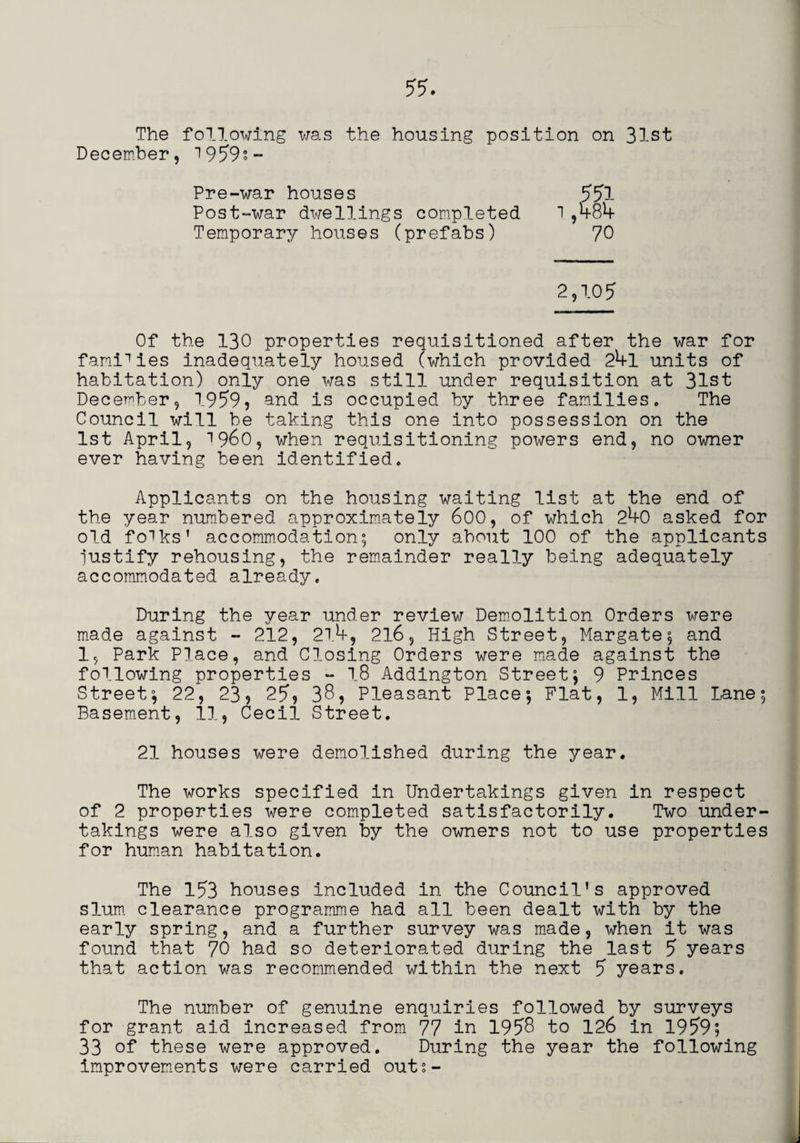 The following was the housing position on 31st December, 1959s- Pre-war houses 551 Post-war dwellings completed l ,4-84 Temporary houses (prefabs) 70 2,105 Of the 130 properties requisitioned after the war for families inadequately housed (which provided 24-1 units of habitation) only one was still under requisition at 31st December, 1959, and is occupied by three families. The Council will be taking this one into possession on the 1st April, i960, when requisitioning powers end, no owner ever having been identified. Applicants on the housing waiting list at the end of the year numbered approximately 600, of which 24-0 asked for old folks’ accommodation; only about 100 of the applicants justify rehousing, the remainder really being adequately accommodated already. During the year under review Demolition Orders were made against - 212, 214-, 216, High Street, Margate; and 1, Park Place, and Closing Orders were made against the following properties - 18 Addington Street; 9 Princes Street; 22, 23, 25, 38, Pleasant Place; Flat, 1, Mill Lane; Basement, 11, Cecil Street. 21 houses were demolished during the year. The works specified in Undertakings given in respect of 2 properties were completed satisfactorily. Two under¬ takings were also given by the owners not to use properties for human habitation. The 153 houses included in the Council’s approved slum, clearance programme had all been dealt with by the early spring, and a further survey was made, when it was found that 70 had so deteriorated during the last 5 years that action was recommended within the next 5 years. The number of genuine enquiries followed by surveys for grant aid increased from 77 in 1958 to 126 in 1959; 33 of these were approved. During the year the following improvements were carried outs-