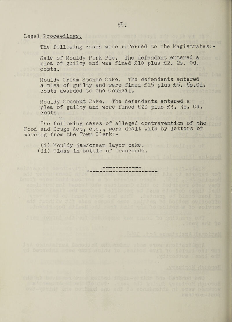 Legal Proceedings. The following cases were referred to the Magistrates^- Sale of Mouldy Pork Pie. The defendant entered a plea of guilty and was fined £10 plus £2. 2s. Od. costs. Mouldy Cream Sponge Cake. The defendants entered a plea of guilty and were fined £15 plus £5. 5s.Od. costs awarded to the Council. Mouldy Coconut Cake. The defendants entered a plea of guilty and were fined £20 plus £3. 3s. Od. costs. The following cases of alleged contravention of the Food and Drugs Act, etc., were dealt with by letters of warning from the Town Clerks- (i) Mouldy jam/cream layer cake. (ii) Glass in bottle of orangeade.