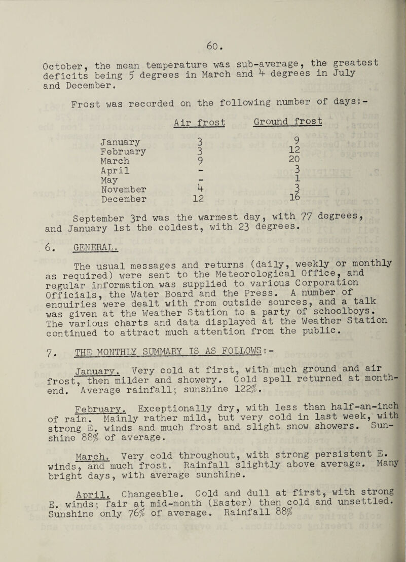 October, the mean temperature was sub-average, the greatest deficits being 5 degrees in March and b degrees in July and December. Frost was recorded on the following number of dayss- Air frost Ground frost January 3 February 3 March 9 April May November b December 12 9 12 20 3 1 3 16 September 3rd was the warmest day, with 77 degrees, and January 1st the coldest, with 23 degrees. 6. GENERALo The usual messages and returns (daily, weekly or monthly as required) were sent to the Meteorological Office,.and regular information was supplied to various Corporation Officials, the Water Board and the Press. A number of enquiries were dealt with from outside sources, and a talk was given at the Weather Station to a party of schoolboys. The various charts and data displayed at the Weather Station continued to attract much attention from the public. 7# THE MONTHLY SUMMARY IS AS FOLLOWS t- January. Very cold at first, with much ground and air frost, then milder and showery. Cold spell returned at month- end. Average rainfall; sunshine 122$. February. Exceptionally dry, with less than half-an-inch of rain. Mainly rather mild, but very cold in last week, with strong E. winds and much frost and slight snow showers. Sun¬ shine 88$ of average. March. Very cold throughout, with strong persistent S. winds, and much frost. Rainfall slightly above average. Many bright days, with average sunshine. Anril. Changeable. Cold and dull at first, with strong E. winds; fair at mid-month (Easter) then cold and unsettled. Sunshine only 76$ of average. Rainfall 88$