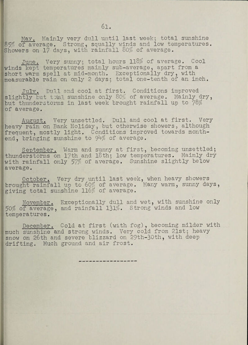 May, Mainly very dull until last week; total sunshine 85^ of average. Strong, squally winds and low temperatures. Showers on 17 days, with rainfall 80^ of average. June, Very sunny; total hours ll8% of average. Cool winds kept temperatures mainly sub-average, apart from a short warm spell at mid-month. Exceptionally dry, with measurable rain on only 2 days; total one-tenth of an inch. July. Dull and cool at first. Conditions improved slightly but total sunshine only 80% of average. Mainly dry, but thunderstorms in last week brought rainfall up to 78$ of average. August. Very unsettled. Dull and cool at first. Very heavy rain on Bank Holiday, but otherwise showers, although frequent, mostly light. Conditions improved towards month- end, bringing sunshine to of average. September, Warm and sunny at first, becoming unsettled; thunderstorms on 17th and l8th; low temperatures. Mainly dry with rainfall only 57% of average. Sunshine slightly below average. October. Very dry until last week, when heavy showers brought rainfall up to 60% of average. Many warm, sunny days, giving total sunshine ll6% of average. November. Exceptionally dull and wet, with sunshine only 50% of average, and rainfall 131%. Strong winds and low temperatures. December. Cold at first (with fog), becoming milder with much sunshine and strong winds. Very coid from 21st; heavy snow on 26th and severe blizzard on 29th-30th, with deep drifting. Much ground and air frost.