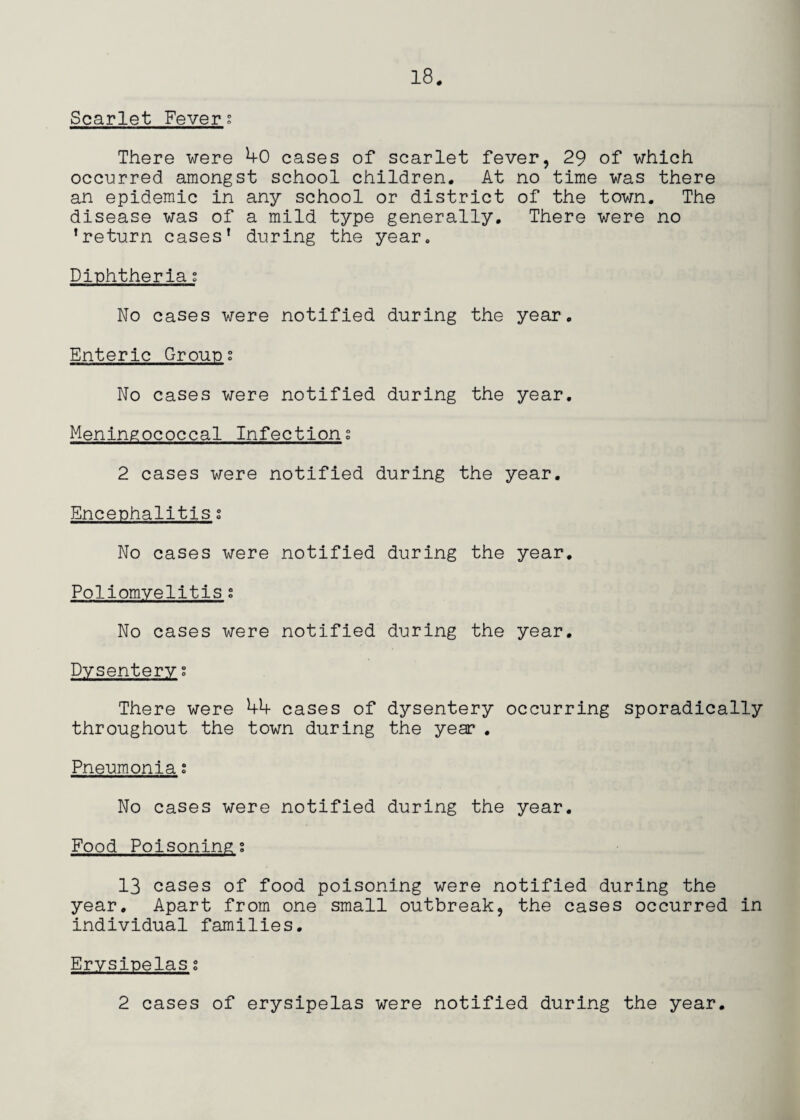 Scarlet Fevers There were 40 cases of scarlet fever, 29 of which occurred amongst school children. At no time was there an epidemic in any school or district of the town. The disease was of a mild type generally. There were no 'return cases’ during the year. Diuhtheria g No cases were notified during the year. Enteric Ground No cases were notified during the year. Meningococcal Infections 2 cases were notified during the year. Encephalitis; No cases were notified during the year. Poliomyelitis t No cases were notified during the year. Dysentery g There were 44 cases of dysentery occurring sporadically throughout the town during the year, Pneumonias No cases were notified during the year. Food Poisonings 13 cases of food poisoning were notified during the year. Apart from one small outbreak, the cases occurred in individual families. Erysipelas s 2 cases of erysipelas were notified during the year.