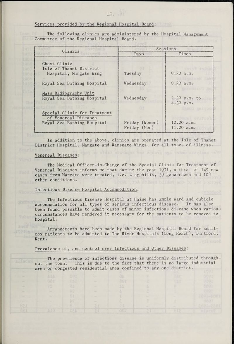 Services provided by the Regional Hospital Board; The following clinics are administered by the Hospital Management Committee of the Regional Hospital Board. Clinics Sessions Days Times Chest Clinic Isle of Thanet District Hospital, Margate Wing Tuesday 9.30 a.m. Royal Sea Bathing Hospital Wednesday 9 ® 30 ci * in © Mass Radiography Unit Royal Sea Bathing Hospital Wednesday 2.30 p.m. to 4.30 p.m. Special Clinic for Treatment of Venereal Diseases Royal Sea Bathing Hospital Friday (Women) Friday (Men) 10.00 a.m. 11.00 a.m. In addition to the above, clinics are operated at the Isle of Thanet District Hospital, Margate and Ramsgate Wings, for all types of illness. Venereal Diseases^ The Medical Officer-in-Charge of the Special Clinic for Treatment of Venereal Diseases informs me that during the year 1971? a total of 149 new cases from Margate were treated, i.e. 2 syphilis, 39 gonorrhoea and 108 other conditions. Infectious Disease Hospital Accommodations The Infectious Disease Hospital at Haine has ample ward and cubicle accommodation for all types of serious infectious disease. It has also been found possible to admit cases of minor infectious disease when various circumstances have rendered it necessary for the patients to be removed to hospital. Arrangements have been made by the Regional Hospital Board for small¬ pox patients to be admitted to The River Hospitals (Long Reach), Dartford, Kent. Prevalence of, and control over Infectious and Other Diseases; The prevalence of infectious disease is uniformly distributed through out the town. This is due to the fact that there is no large industrial area or congested residential area confined to any one district.