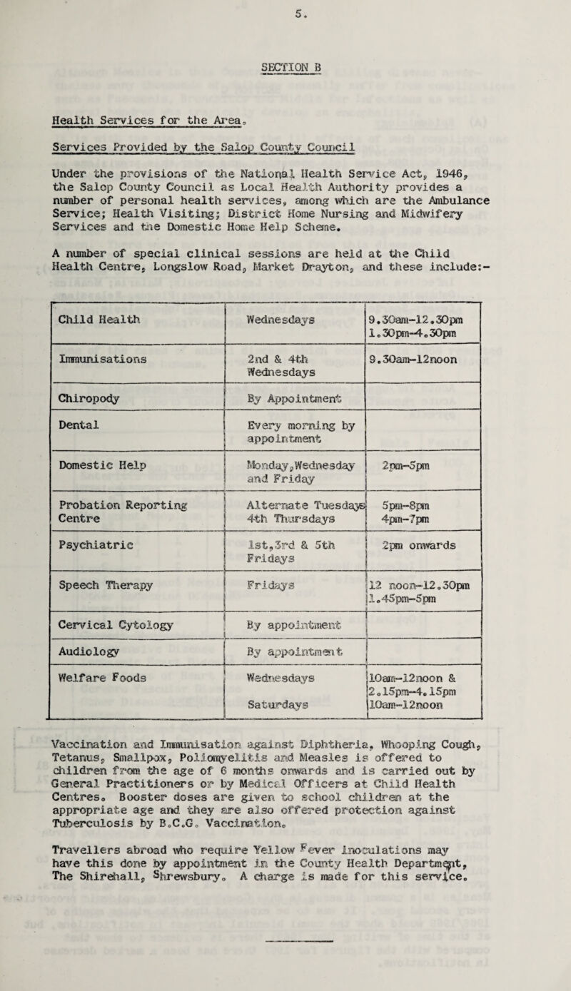 SECTION B Health Services for the Area. Services Provided by the Salop County Council Under the provisions of the National. Health Service Act* 1946,, the Salop County Council as Local Health Authority provides a number of personal health services, among which are the Ambulance Service; Health Visiting; District Home Nursing and Midwifery Services and the Domestic Home Kelp Scheme. A number of special clinical sessions are held at the Child Health Centre, Longslow Road, Market Drayton,, and these include:- Child Health. _ Wednesdays 9.30am-12.30pm i.30prn-4-.30pn Iramuni sations 2nd & 4th Wednesdays 9.30am-12noon Chiropody By Appointment Dental Every morning by appointment Domestic Help Monday,Wednesday and Friday 2pm-5pm *' .— Probation Reporting Centre Alternate Tuesdays 4th Thursdays 5pm-8pm 4pm-7pm Psychiatric 1st,3rd & 5th Fridays _ i 2pm onwards Speech Therapy Fridays < 12 noon-12 „ 30pm |1.45pm-5pm Cervical Cytology j By appointment Audiology j 1 By appointment ... . .- . - . - -- 1 - - - 1 Welfare Foods H | Wednesdays jlOam-i2noon & 2.15pm-4.15pm Saturdays jlOam-I2noon Vaccination and Immunisation against Diphtheria, Whooping Cough s Tetanus, Smallpox, Poliomyelitis and Measles is offered to children from the age of 6 months onwards and is carried out by General Practitioners or by Medical Officers at Child Health Centreso Booster doses are given to school children at the appropriate age and they are also offered protection against Tuberculosis by B0C0G, Vaccination. Travellers abroad who require Yellow Fever inoculations may have this done by appointment in the County Health Departm^pt, The Shirehall, Shrewsbury. A charge is made for this service.