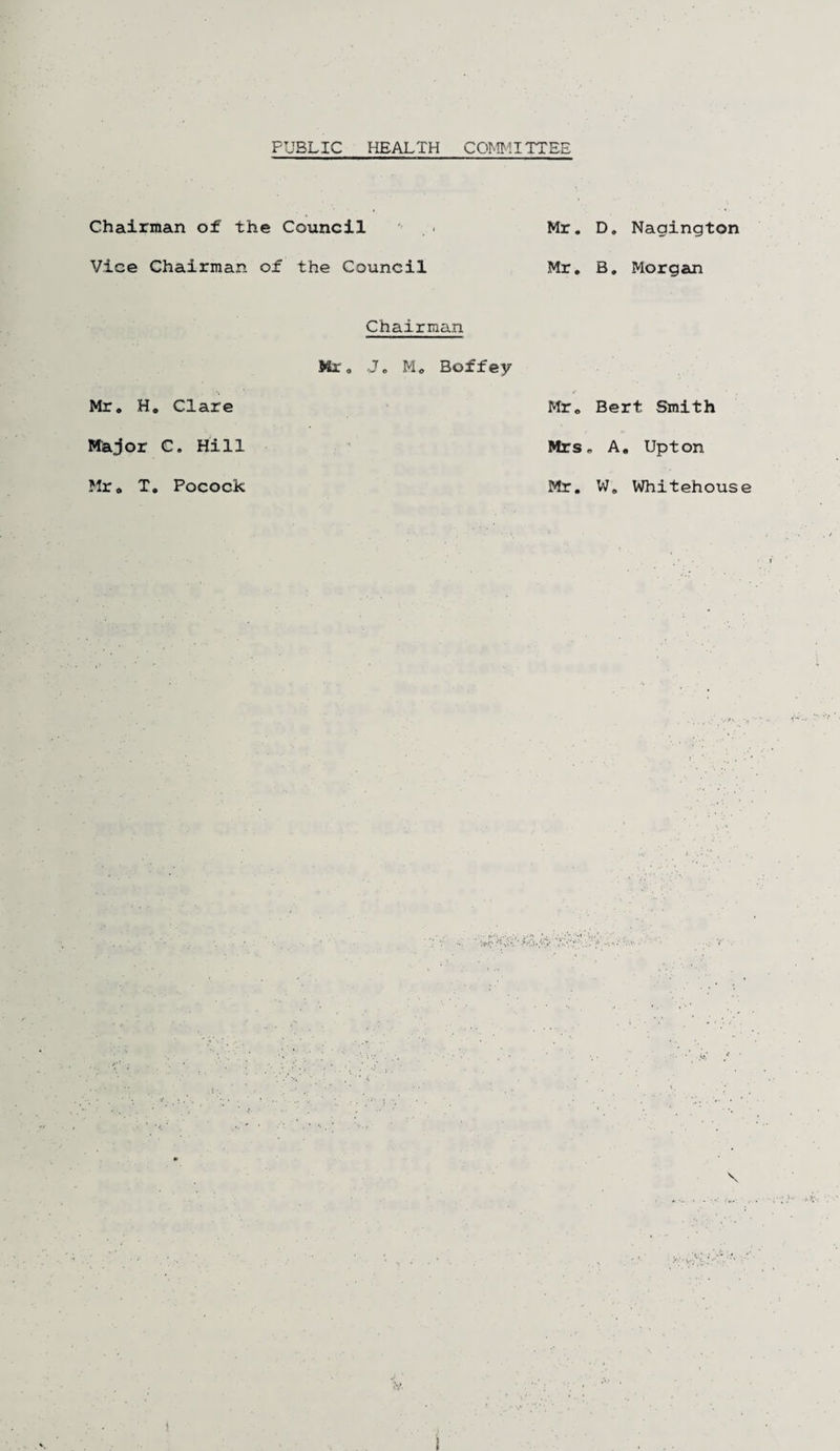 Chairman of the Council Mr. D. Nagington Vice Chairman of the Council Mr. B. Morgan Chairman Mr. J„ Mo Boffey Mr. H. Clare Mr. Bert Smith Major C. Hill Mrs • A, Upton Mr* T« Pocock Mr. W. Whitehouse