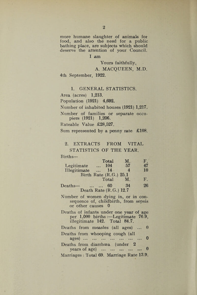 more humane slaughter of animals for food, and also the need for a public bathing place, are subjects which should deserve the attention of your Council. I am Yours faithfully, A. MACQUEEN, M.D. 4th September, 1922. 1. GENERAL STATISTICS. Area (acres) 1,213. Population (1921) 4,692. Number of inhabited houses (1921) 1,217. Number of families or separate occu¬ piers (1921) 1,206. Rateable Value £28,527. Sum represented by a penny rate £108. 2. EXTRACTS FROM VITAL STATISTICS OF THE YEAR. Births— Total M. F. Legitimate ... 104 57 47 Illegitimate ... 14 4 10 Birth Rate (R.G.) 25.1 Total M. F. Deaths— . 60 34 26 Death Rate (R.G.) 12.7 Number of women dying in,, or in con¬ sequence of, childbirth, from sepsis or other causes 0 Deaths of infants under one year of age per 1,000 births :—Legitimate 76.9, illegitimate 142. Total 84.7. Deaths from measles (all ages) ... 0 Deaths from whooping cough (all ages). 0 Deaths from diarrhoea (under 2 years of age) . 0 Marriages : Total 69. Marriage Rate 13.9.