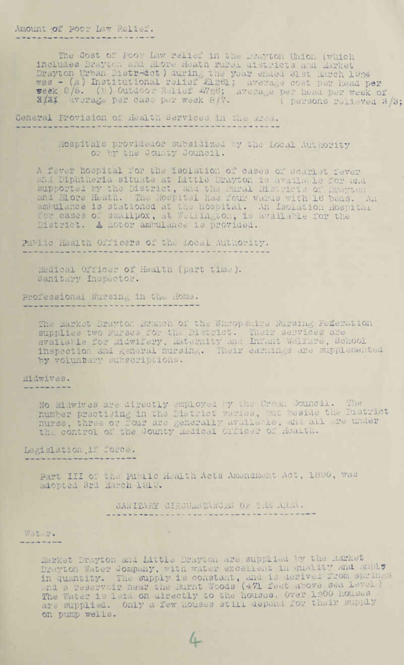 Amount <of poor Law Holier. The Cost or* poor Law relief in t includes Drayton and HI ore Heath rur Drayton Urban District ) during the was ~ (a) Institutional relief &L261 week 8/5. (h ) Outdoor Relief ■•L?o6; S/;4I average per case per week 8/7. he Drayton Union (which a x a. i » oio o o ct. ict, j. e o year ended List lurch 1934 average cost per head per average per head per week of l persons relievea 3/y / General provision of Heal' services in Oil ■ Hospitals providedor subsidized ' y the Local Authority or by the 0ou.i1y 0ounci 1. f.i \ r . i I v Oj. A fever hospital for the isolation of cases of Leaflet r hul Diphtheria situate at Little Drayton is avail a', le for .did supported by the District, ana the xlurul Districts of jr.euua. and SI ore Heath. rhe Hospital has four wards with IB beets. An ambulance is stationed at tut hospital. An Isolation Hospital for cases of smallpox, at Wellington ? is available for the District. A not or ambulance is provided. Public Health Officers of the Local Authority. fedical Officer of Health (part time ). Sanitary Inspector. Professional Nursing in the Horae. The Hark at Dr ay tor +v- supplies two Nurses for the District, available for Midwifery, Maternity and inspection and general nursing. Their by voluntary subscriptions. Branca of the Shropshire Nursing Federation ‘O are Welfare, School earnings are supplementaa 'due ir In Hit Midwives. NO Midwives are directly employed y the Ufa . u. Jouncii (D * ‘i number practising in the District varies, ou o oe side u he District nur se, three or four are gene rail- 7 available „ (Ui e L cit X X . ;.re unaer +• V O ii. s control of the Gaunt * f ' ' r* i o - A ■* fv' Dd. ih vu -J— Health. Lo gi si a t i on . i f s' or c e. Part III or adopted 3rd the Public Health Acts Amendment Act, 1800, was March 1910. SANITARY ^ t g ^ ^ T < rn ’• r .i ’ w - U..IO X-*»- i* o jjiJ Or T. A_h-A W - - +■ •» h U - Market Drayton Drayton Water in quantity, md a re serve i The hater is 1 are supplied. and Little Dr aye on are supp: Company, with water excellea I he supply i s constant, and. r near the Burnt Woods (4 71 did on directly to the house lied by the Market t in duality and ampler is derived from springs 1 e e t a o o v e s e a j« e •- <_ x , 3. Over 1300 houses few houses at ill depend for their supply on pump wells.