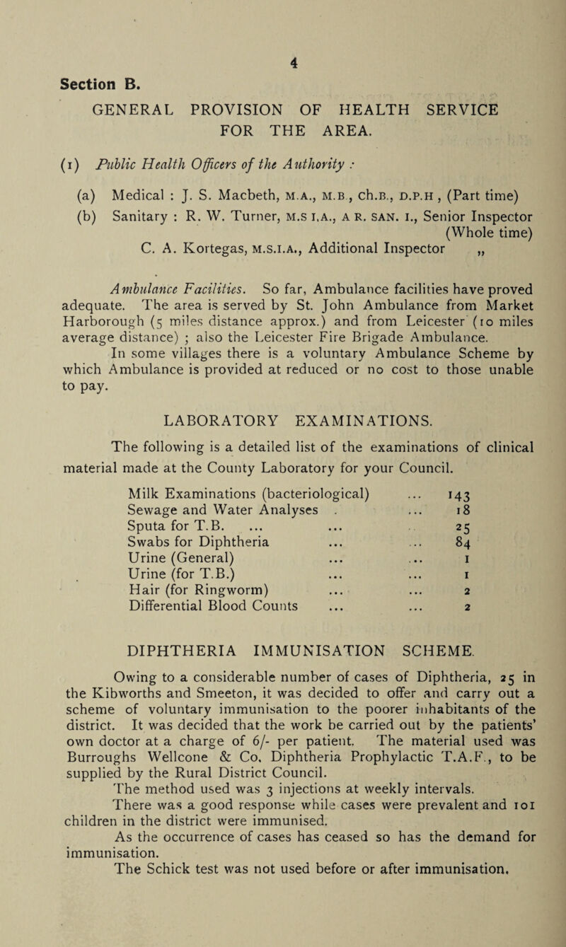 Section B. GENERAL PROVISION OF HEALTH SERVICE FOR THE AREA. (i) Public Health Officers of the Authority : (a) Medical : J. S. Macbeth, m.a., m.b , ch.B., d.p.h , (Part time) (b) Sanitary : R. W. Turner, m.s i.a., a r. san. i., Senior Inspector (Whole time) C. A. Kortegas, m.s.i.a., Additional Inspector „ Ambulance Facilities. So far, Ambulance facilities have proved adequate. The area is served by St. John Ambulance from Market Harborough (5 miles distance approx.) and from Leicester (ro miles average distance) ; also the Leicester Fire Brigade Ambulance. In some villages there is a voluntary Ambulance Scheme by which Ambulance is provided at reduced or no cost to those unable to pay. LABORATORY EXAMINATIONS. The following is a detailed list of the examinations of clinical material made at the County Laboratory for your Council. Milk Examinations (bacteriological) ... 143 Sewage and Water Analyses . ... 18 Sputa for T.B. ... ... 25 Swabs for Diphtheria ... ... 84 Urine (General) ... ... 1 Urine (for T.B.) ... ... 1 Hair (for Ringworm) ... ... 2 Differential Blood Counts ... ... 2 DIPHTHERIA IMMUNISATION SCHEME. Owing to a considerable number of cases of Diphtheria, 25 in the Kibworths and Smeeton, it was decided to offer and carry out a scheme of voluntary immunisation to the poorer inhabitants of the district. It was decided that the work be carried out by the patients’ own doctor at a charge of 6/- per patient. The material used was Burroughs Wellcone & Co. Diphtheria Prophylactic T.A.F., to be supplied by the Rural District Council. The method used was 3 injections at weekly intervals. There was a good response while cases were prevalent and 101 children in the district were immunised. As the occurrence of cases has ceased so has the demand for immunisation. The Schick test was not used before or after immunisation.