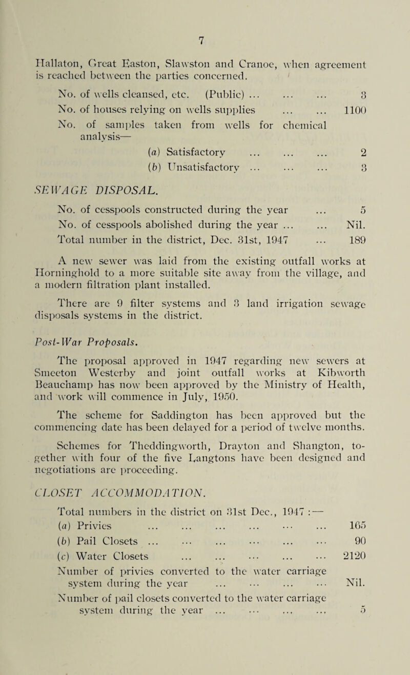 ITallaton, Great Easton, Slawston and Cranoe, when agreement is reached between the parties concerned. No. of wells cleansed, etc. (Public) ... ... ... 3 No. of houses relying on wells supplies ... ... 1100 No. of samples taken from wells for chemical analysis— (а) Satisfactory ... ... ... 2 (б) Unsatisfactory ... ... ... 3 SEWAGE DISPOSAL. No. of cesspools constructed during the year ... 5 No. of cesspools abolished during the year ... ... Nil. Total number in the district, Dec. 31st, 1947 ... 189 A new sewer was laid from the existing outfall works at Horninghold to a, more suitable site away from the village, and a modern filtration plant installed. There are 9 filter systems and 3 land irrigation sewage disposals systems in the district. Post-War Proposals. The proposal approved in 1947 regarding new sewers at Smeeton Westerby and joint outfall works at Kibworth Beauchamp has now been approved by the Ministry of Health, and work will commence in July, 1950. The scheme for Saddington has been approved but the commencing date has been delayed for a period of twelve months. Schemes for Theddingworth, Drayton and Shangton, to¬ gether with four of the five Eangtons have been designed and negotiations are proceeding. CLOSET ACCOMMODATION. Total numbers in the district on 31st Dec., 1947 : — (a) Privies ... ... ... ... ••• ... 165 (b) Pail Closets ... ••• ... ••• ... ••• 90 (c) Water Closets ... ... ••• ... ... 2120 Number of privies converted to the water carriage system during the year ... ... ... ••• Nil. Number of pail closets converted to the water carriage system during the year ... ... .., 5