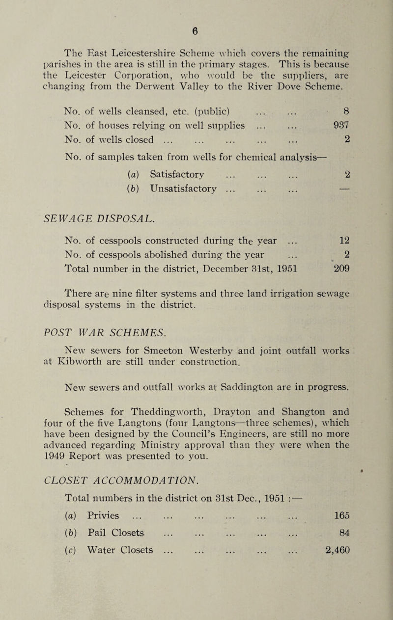 The Hast Leicestershire Scheme which covers the remaining parishes in the area is still in the primary stages. This is because the Leicester Corporation, who would be the suppliers, are changing from the Derwent Valley to the River Dove Scheme. No. of wells cleansed, etc. (public) ... ... 8 No. of houses relying on well supplies ... ... 937 No. of wells closed ... ... ... ... ... 2 No. of samples taken from wells for chemical analysis— {a) Satisfactory ... ... ... 2 (fc>) Unsatisfactory ... ... ... — SEWAGE DISPOSAL. No. of cesspools constructed during the year ... 12 No. of cesspools abolished during the year ... 2 Total number in the district, December 81st, 1951 209 There are nine filter systems and three land irrigation sewage disposal systems in the district. POST WAR SCHEMES. New sewers for Smeeton Westerby and joint outfall works at Kibworth are still under construction. New sewers and outfall works at Saddington are in progress. Schemes for Theddingworth, Drayton and Shangton and four of the five Langtons (four Langtons—three schemes), which have been designed by the Council’s Engineers, are still no more advanced regarding Ministry approval than they were when the 1949 Report was presented to you. CLOSET ACCOMMODATION. Total numbers in the district on 31st Dec., 1951 : — (a) Privies 165 (b) Pail Closets ... . . 84 (c) Water Closets ... 2,460