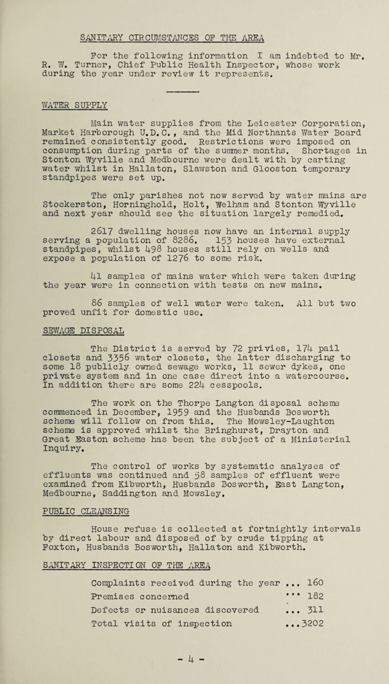 SANITARY CIRCUMSTANCES OF THE AREA For the following information I am indebted to Mr. R. W. Turner, Chief Public Health Inspector, whose work during the year under review it represents. WATER SUPPLY Main water supplies from the Leicester Corporation, Market Harborough U.D.C., and the Mid Northants Water Board remained consistently good. Restrictions were imposed on consumption during parts of the summer months. Shortages in Stonton Wyville and Medbourne were dealt with by carting water whilst in Hallaton, Slawston and Glooston temporary standpipes were set up. The only parishes not now served by water mains are Stockerston, Horninghold, Holt, Welham and Stonton Wyville and next year should see the situation largely remedied. 2617 dwelling houses now have an internal supply serving a population of 8286. 153 houses have external standpipes, whilst 498 houses still rely on wells and expose a population of 1276 to some risk. 41 samples of mains water which were taken during the year were in connection with tests on new mains. 86 samples of well water were taken. All but two proved unfit for domestic use. SEWAGE DISPOSAL The District is served by 72 privies, 174 pail closets and 3356 water closets, the latter discharging to some 18 publicly owned sewage works, 11 sewer dykes, one private system and in one case direct into a watercourse. In addition there are some 224 cesspools. The work on the Thorpe Langton disposal scheme commenced in December, 1959 and the Husbands Bosworth scheme will follow on from this. The Mowsley-Laughton scheme is approved whilst the Bringhurst, Drayton and Great Easton scheme has been the subject of a Ministerial Inquiry. The control of works by systematic analyses of effluents was continued and 58 samples of effluent were examined from Kibworth, Husbands Bosworth, East Langton, Medbourne, Saddington and Mowsley. PUBLIC CLEANSING House refuse is collected at fortnightly intervals by direct labour and disposed of by crude tipping at Foxton, Husbands Bosworth, Hallaton and Kibworth. SANITARY INSPECTION OF THE AREA Complaints received during the year ... 160 Premises concerned ”* 182 Defects or nuisances discovered ... 311 Total visits of inspection ...3202 - 4 -