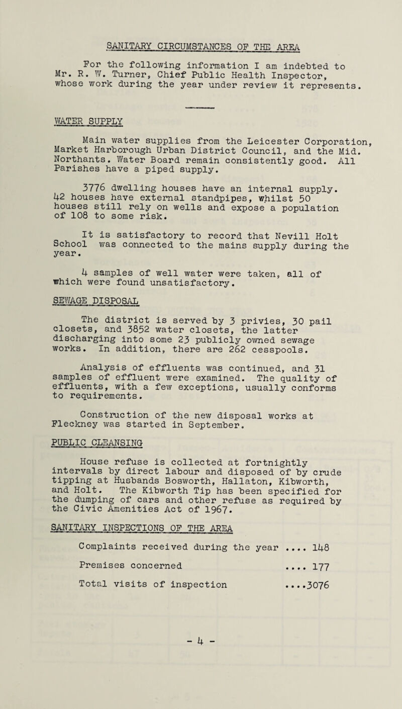 SANITARY CIRCUMSTANCES OF THE AREA For the following information I am indebted, to Mr. R. W. Turner, Chief Public Health Inspector, whose work during the year under review it represents. WATER SUPPLY Main water supplies from the Leicester Corporation, Market Harborough Urban District Council, and the Mid. Northants. Water Board remain consistently good. All Parishes have a piped supply. 3776 dwelling houses have an internal supply. 42 houses have external standpipes, whilst 50 houses still rely on wells and expose a population of 108 to some risk. It is satisfactory to record that Nevill Holt School was connected to the mains supply during the year. 4 samples of well water were taken, all of which were found unsatisfactory. SEWAGE DISPOSAL The district is served by 3 privies, 30 pail closets, and 3852 water closets, the latter discharging into some 23 publicly owned sewage works. In addition, there are 262 cesspools. Analysis of effluents was continued, and 31 samples of effluent were examined. The quality of effluents, with a few exceptions, usually conforms to requirements. Construction of the new disposal works at Fleckney was started in September. PUBLIC CLEANSING House refuse is collected at fortnightly intervals by direct labour and disposed of by crude tipping at Husbands Bosworth, Hallaton, Kibworth, and Holt. The Kibworth Tip has been specified for the dumping of cars and other refuse as required by the Civic Amenities Act of 1967. SANITARY INSPECTIONS OF THE AREA Complaints received during the year .... 148 Premises concerned .... 177 Total visits of inspection •..•3076 - 4 -