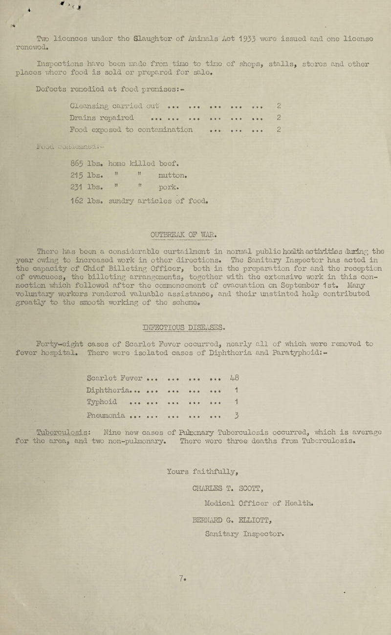 4 0 X ( » Two licences under the Slaughter of Animals Act 1933 were issued and one license renev/cd. Inspections have been made from time to time of shops, stalls, stores and other places v/hcre food is sold or prepared for sale. Defects remedied at food premises:- Cleansing carried out . 2 Drains repaired . 2 Food exposed to contamination . 2 Food oonaemned; — 865 lbs. home killed beef. 215 lbs.   mutton. 231 lbs.   pork. 162 lbs. sundry articles of food. OUTBREAK OF 7/AH. There has been a considerable curtailment in normal public health activities during the year owing to increased work in other directions. The Sanitary Inspector has acted in the capacity of Chief Billeting Officer, both in the preparation for and the reception of evacuees, the billeting arrangements, together with the extensive work in this con¬ nection which followed after the commencement of evacuation on September 1st. Many voluntary workers rendered valuable assistance, and their unstinted help contributed greatly to the smooth working of the scheme. INFECTIOUS DISEASES. Forty-eight cases of Scarlet Fever occurred, nearly all of which v/ere removed to fever hospital. There were isolated cases of Diphtheria and Paratyphoid:- Scarlet Fever. ... 48 Diphtheria. 1 Typhoid . ... ... 1 Pneumonia . 3 Tuberculosis: Nine new cases of Pulmonary Tuberculosis occurred, which is average for the area, and two non-pulmonary. There were three deaths from Tuberculosis. Yours faithfully, CHARLES T. SCOTT, Medical Officer of Health. BERNARD G. ELLIOTT, Sanitary Inspector.