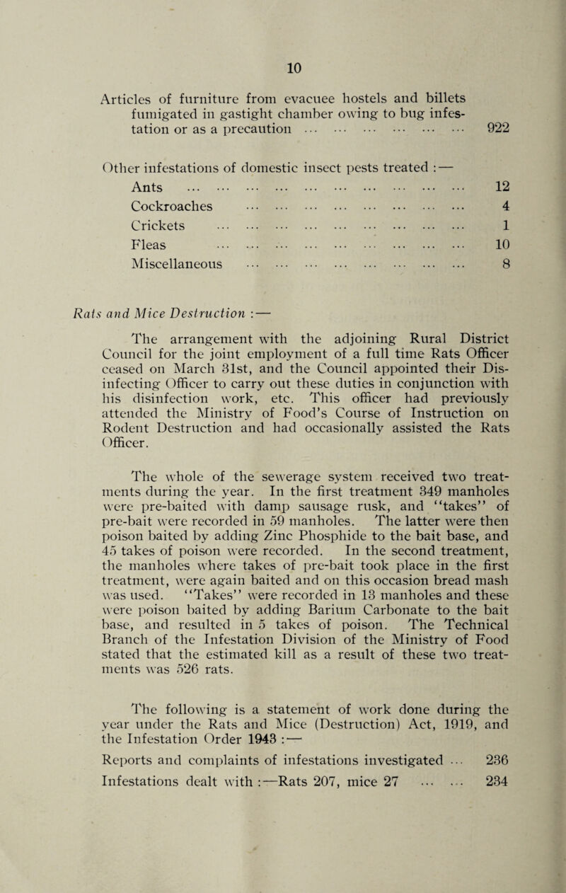 Articles of furniture from evacuee hostels and billets fumigated in gastight chamber owing to bug infes¬ tation or as a precaution . 922 Other infestations of domestic insect pests treated : — Ants . Cockroaches . Crickets . Fleas .. Miscellaneous . 12 4 1 10 8 Rats and Mice Destruction :— The arrangement with the adjoining Rural District Council for the joint employment of a full time Rats Officer ceased on March 81st, and the Council appointed their Dis¬ infecting Officer to carry out these duties in conjunction with his disinfection work, etc. This officer had previously attended the Ministry of Food’s Course of Instruction on Rodent Destruction and had occasionally assisted the Rats Officer. The whole of the sewerage system received two treat¬ ments during the year. In the first treatment 849 manholes were pre-baited with damp sausage rusk, and “takes” of pre-bait were recorded in 59 manholes. The latter were then poison baited by adding Zinc Phosphide to the bait base, and 45 takes of poison were recorded. In the second treatment, the manholes where takes of pre-bait took place in the first treatment, were again baited and on this occasion bread mash was used. “Takes” were recorded in 13 manholes and these were poison baited by adding Barium Carbonate to the bait base, and resulted in 5 takes of poison. The Technical Branch of the Infestation Division of the Ministry of Food stated that the estimated kill as a result of these two treat¬ ments was 526 rats. The following is a statement of work done during the year under the Rats and Mice (Destruction) Act, 1919, and the Infestation Order 1943 :—■ Reports and complaints of infestations investigated ... 236 Infestations dealt with :—Rats 207, mice 27 . 234