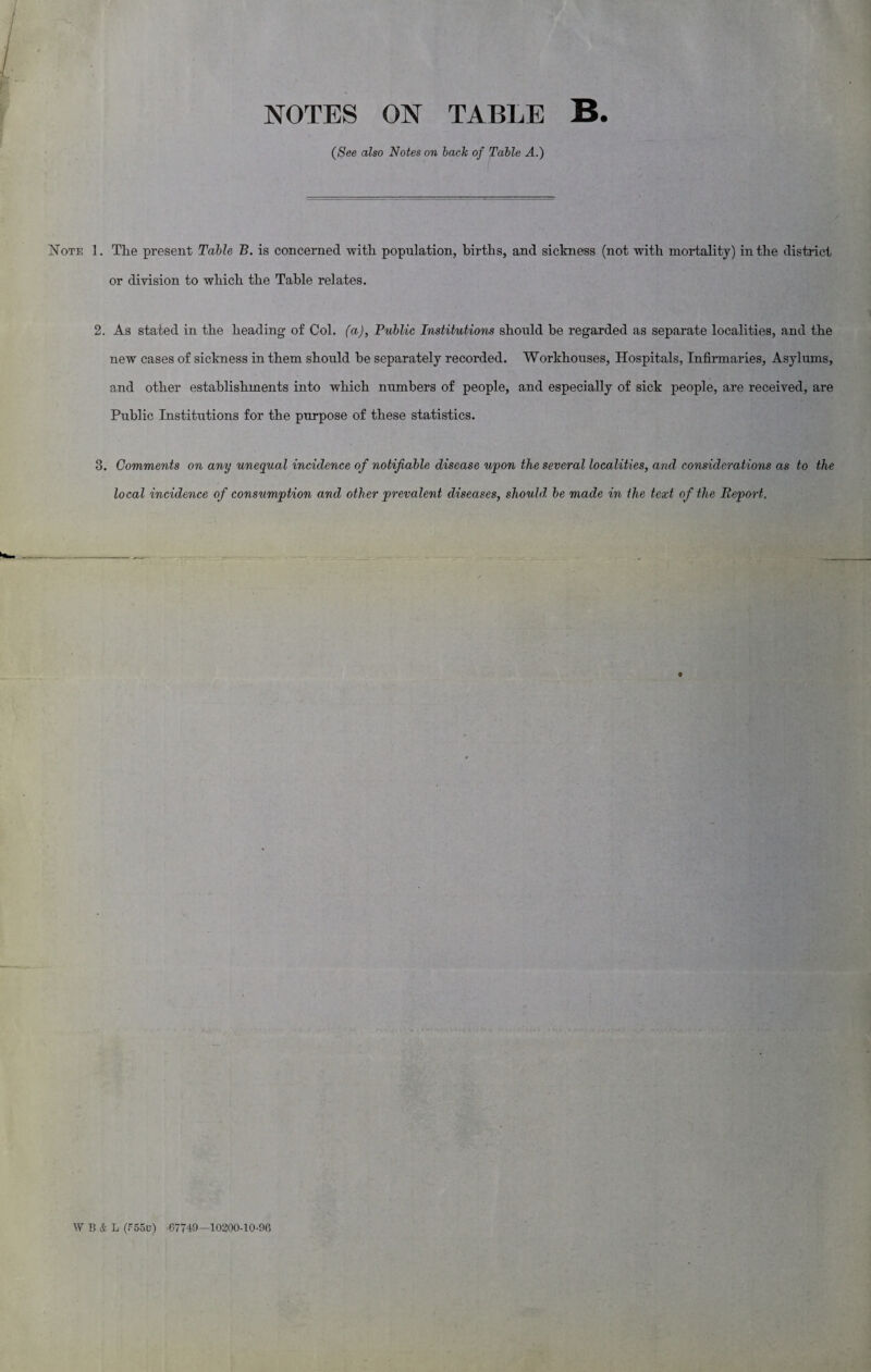 NOTES ON TABLE B. (See also Notes on back of Table A.) Note 1. The present Table B. is concerned with population, births, and sickness (not with mortality) in the district or division to which the Table relates. 2. As stated in the heading of Col. (a), Public Institutions should be regarded as separate localities, and the new cases of sickness in them should be separately recorded. Workhouses, Hospitals, Infirmaries, Asylums, and other establishments into which numbers of people, and especially of sick people, are received, are Public Institutions for the purpose of these statistics. 3. Comments on any unequal incidence of notifiable disease upon the several localities, and considerations as to the local incidence of consumption and other prevalent diseases, should, be made in the text of the Report, WB4L (F55u) -67749—10200-10-9G